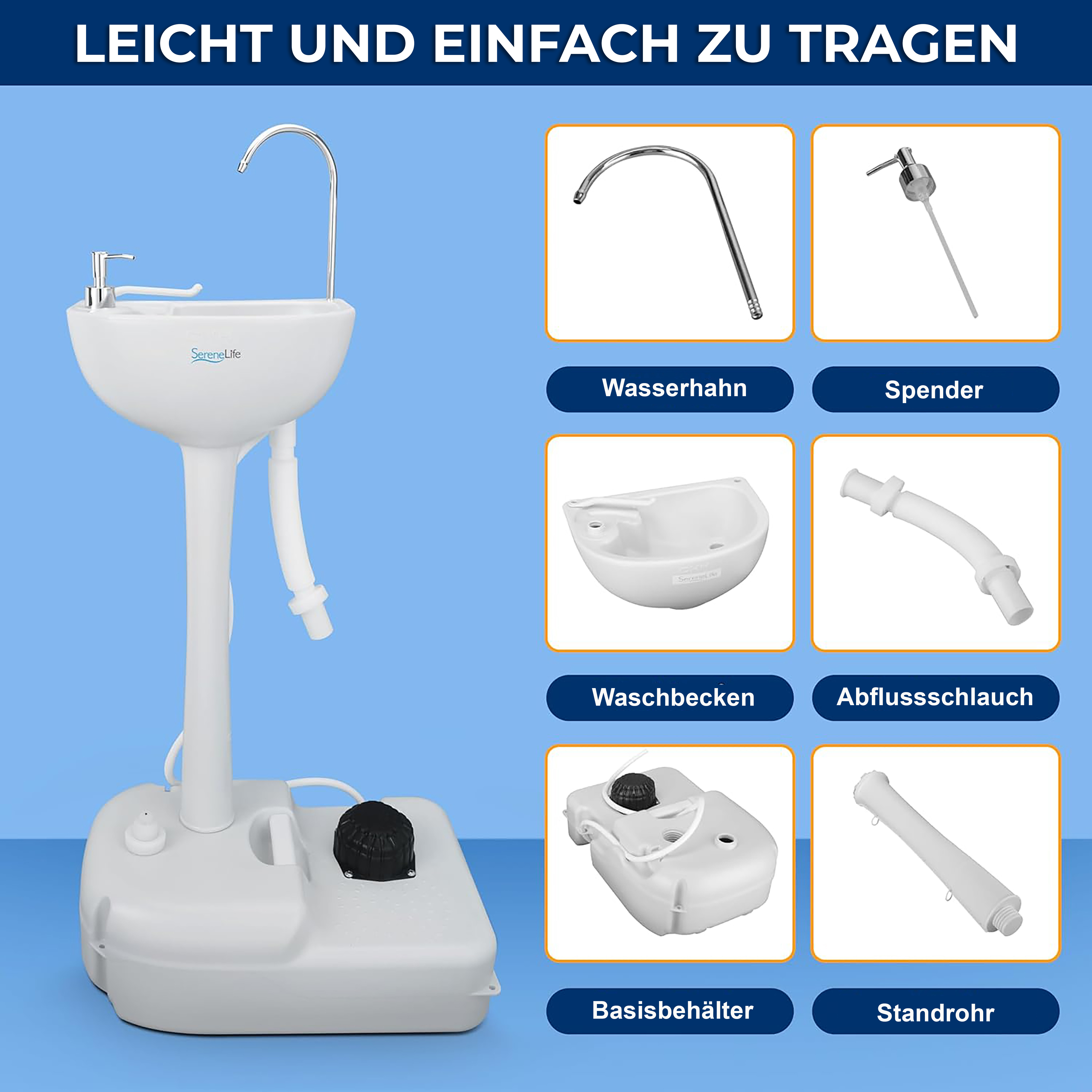 Ein tragbares Waschbecken mit Wasserhahn, Spender, Waschbecken, Schlauch, Basisbehälter und Standrohr.
