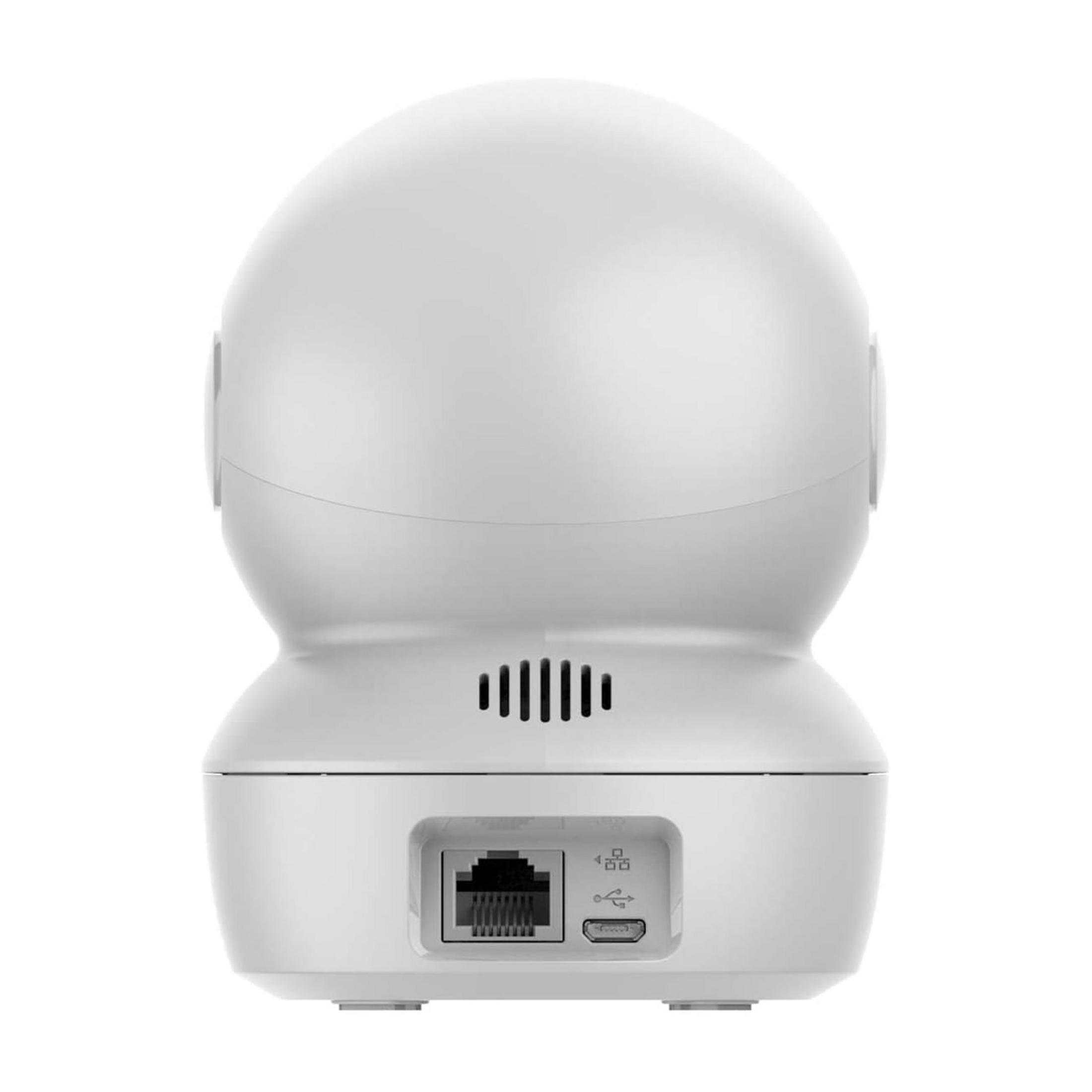 Biała kamera bezpieczeństwa z portami Ethernet, USB i zasilania.