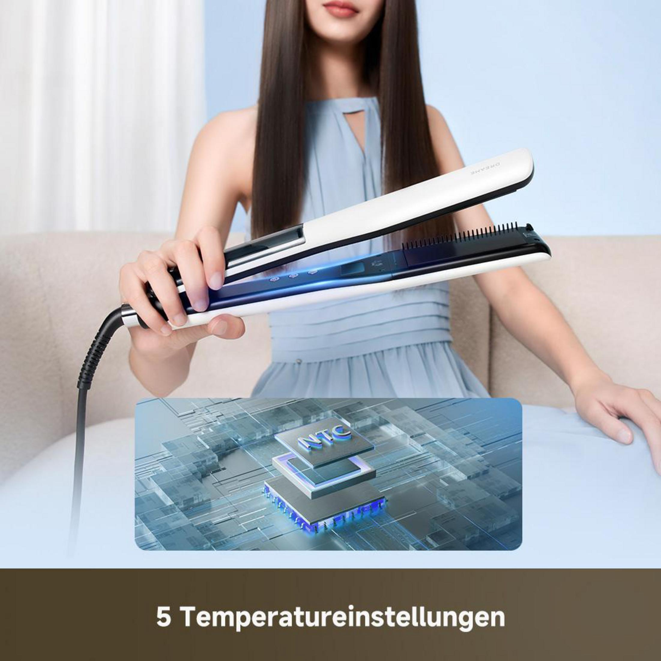 Donna con piastra e grafica tecnologica. 5 impostazioni di temperatura.