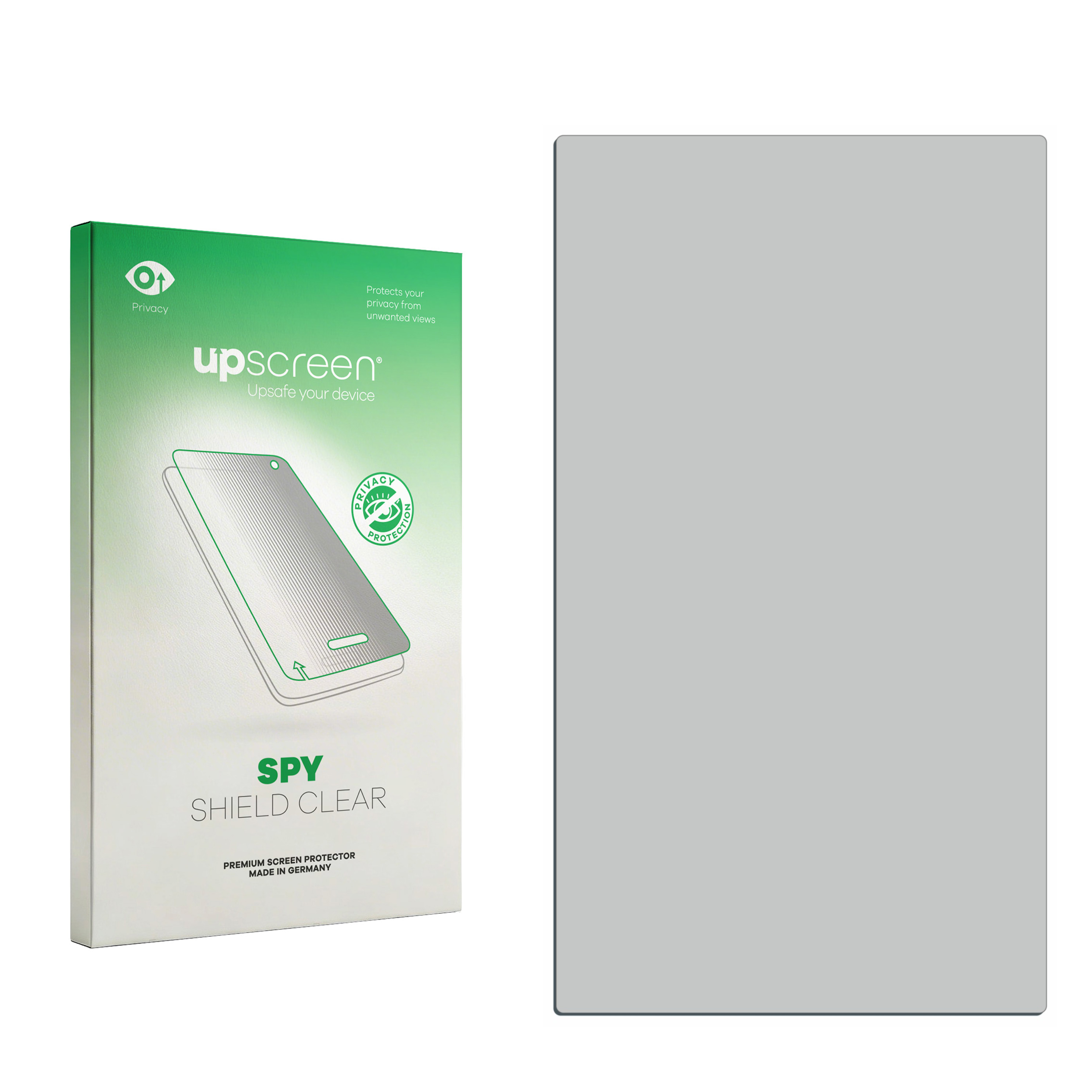 Verpackung eines Sichtschutz-Displays für ein Smartphone mit "upscreen" und "SPY SHIELD CLEAR" Aufdruck.