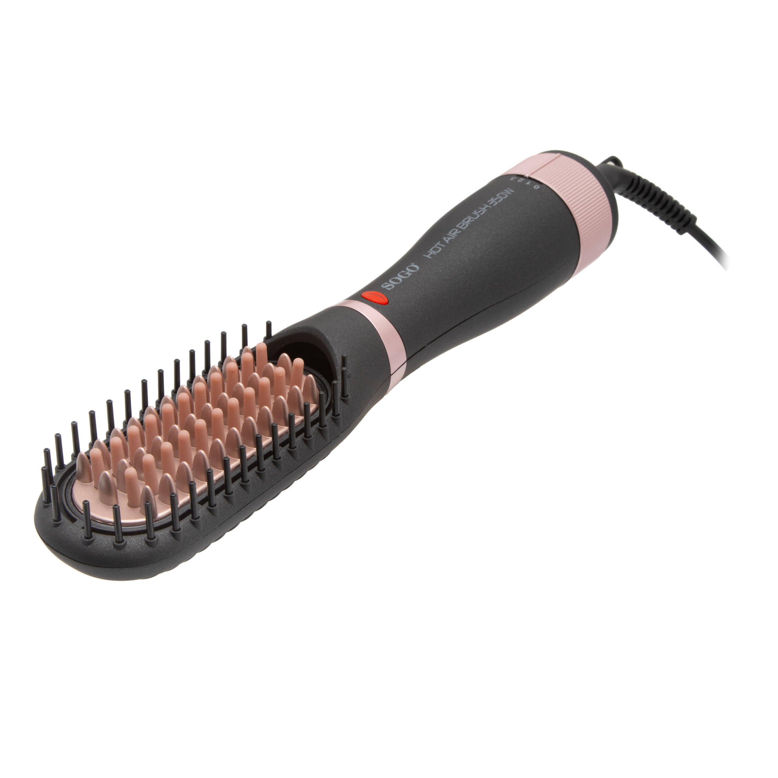 Un cepillo alisador de pelo negro y oro rosa con un botón rojo.
