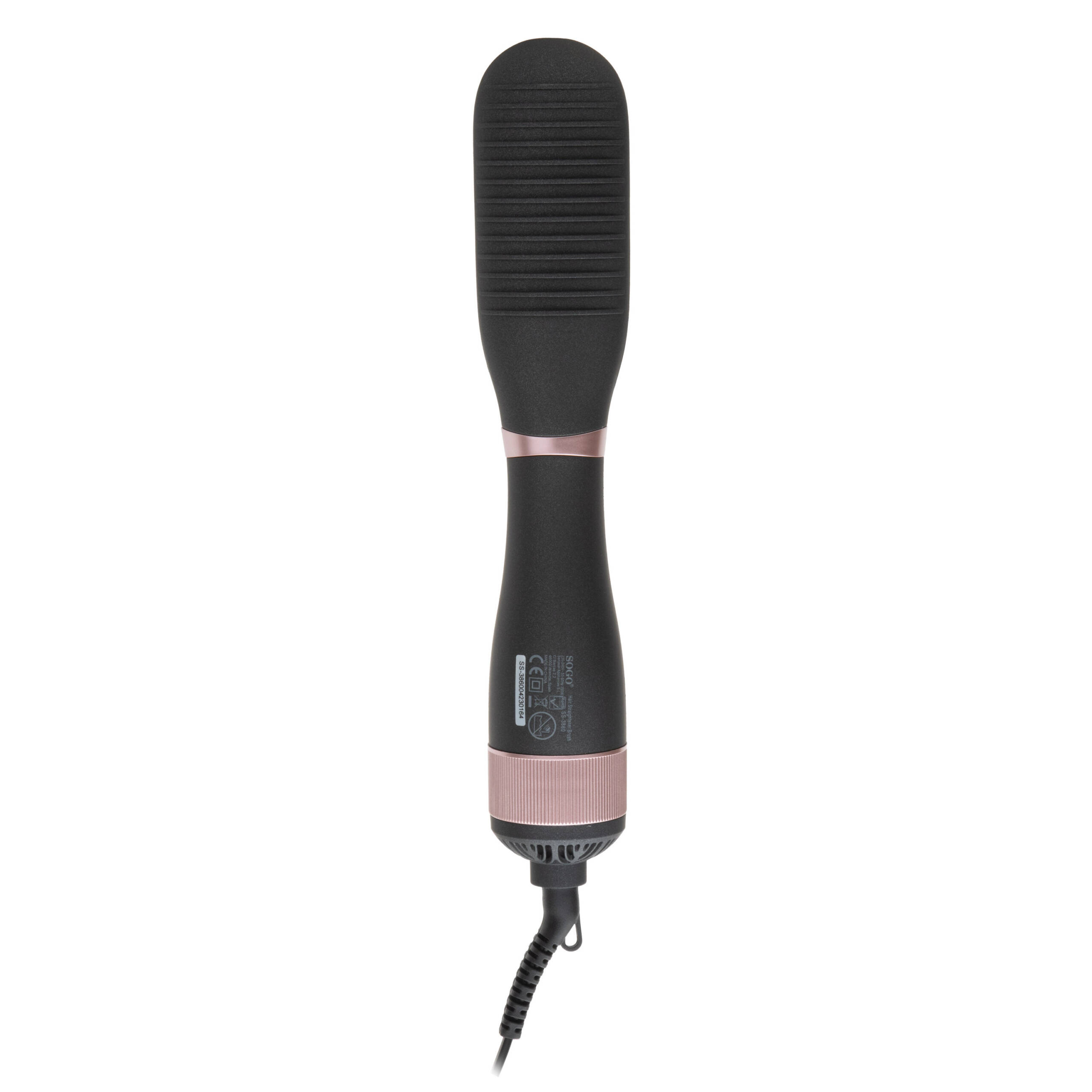 Un cepillo alisador de pelo negro con detalles en oro rosa y un cable.