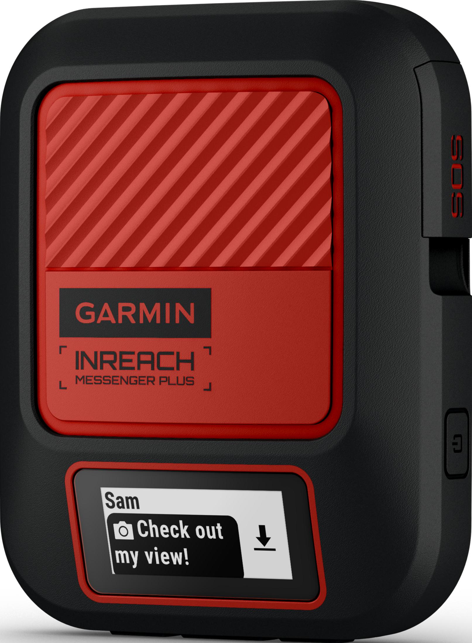 Ein schwarzes Garmin InReach Messenger Plus Gerät mit rotem Akzent und SOS-Knopf.
