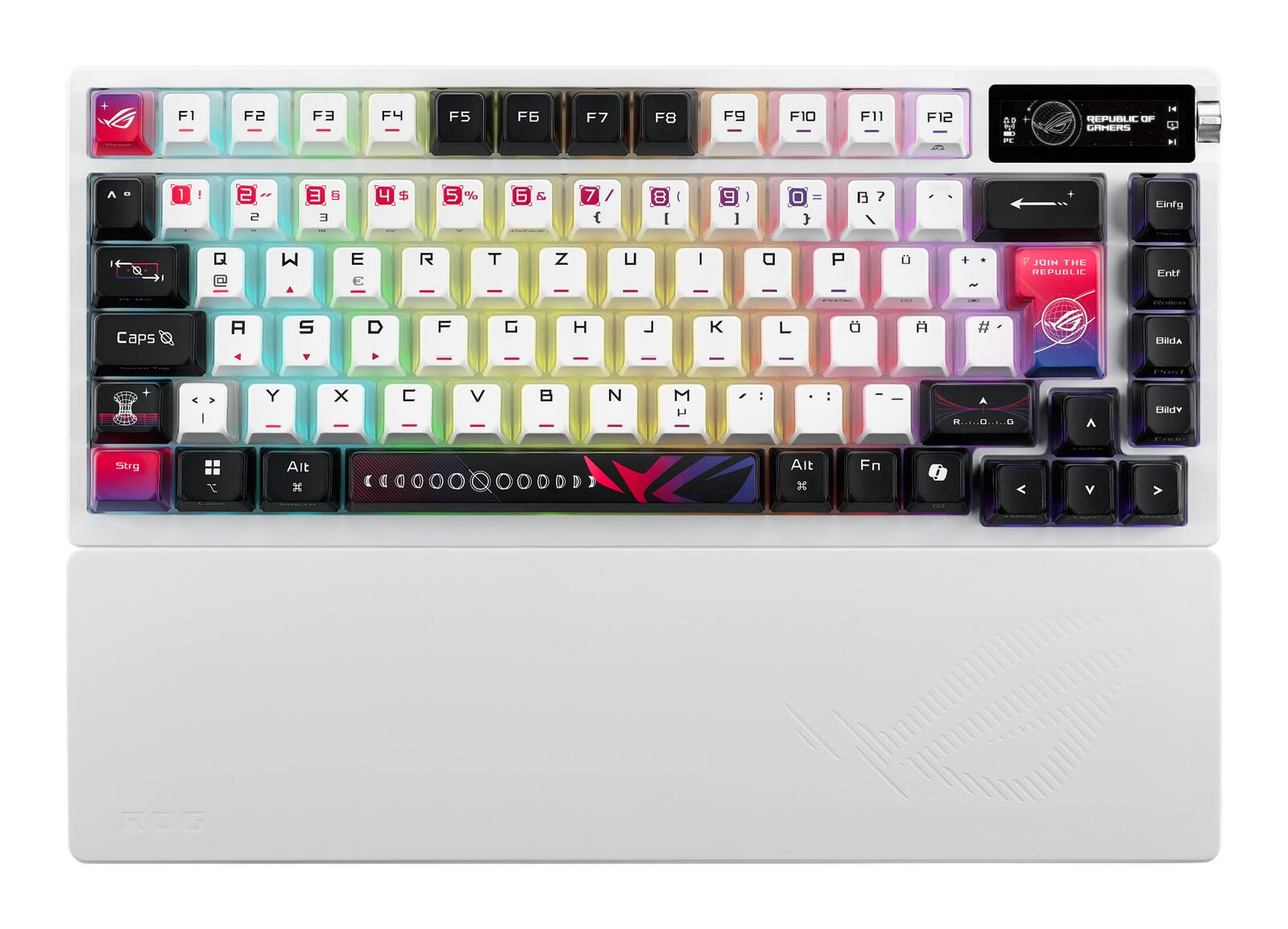 Eine weiße mechanische Tastatur mit RGB-beleuchteten Tasten und einem ROG-Logo.