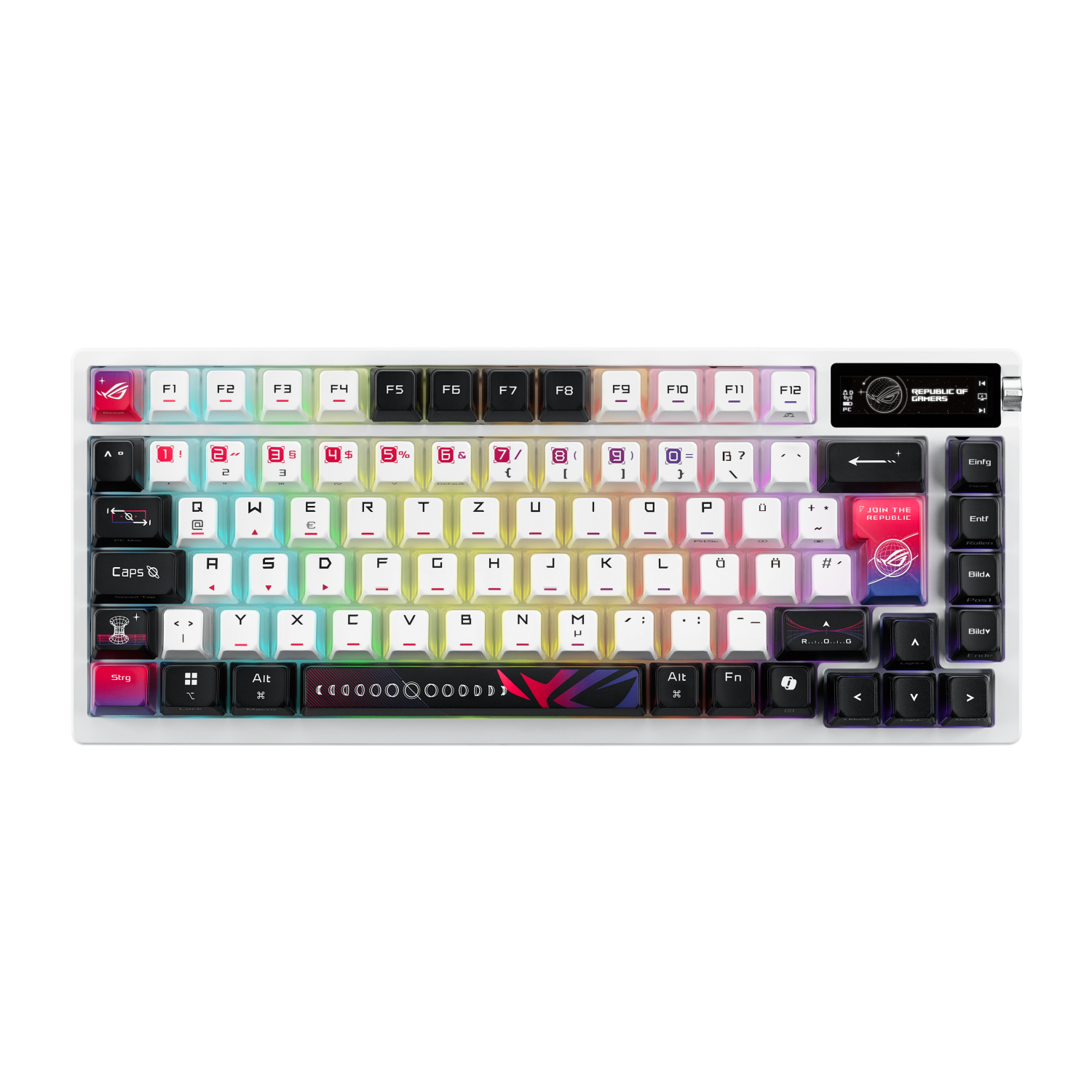 Eine weiße mechanische Tastatur mit RGB-Beleuchtung und einem kleinen Bildschirm.