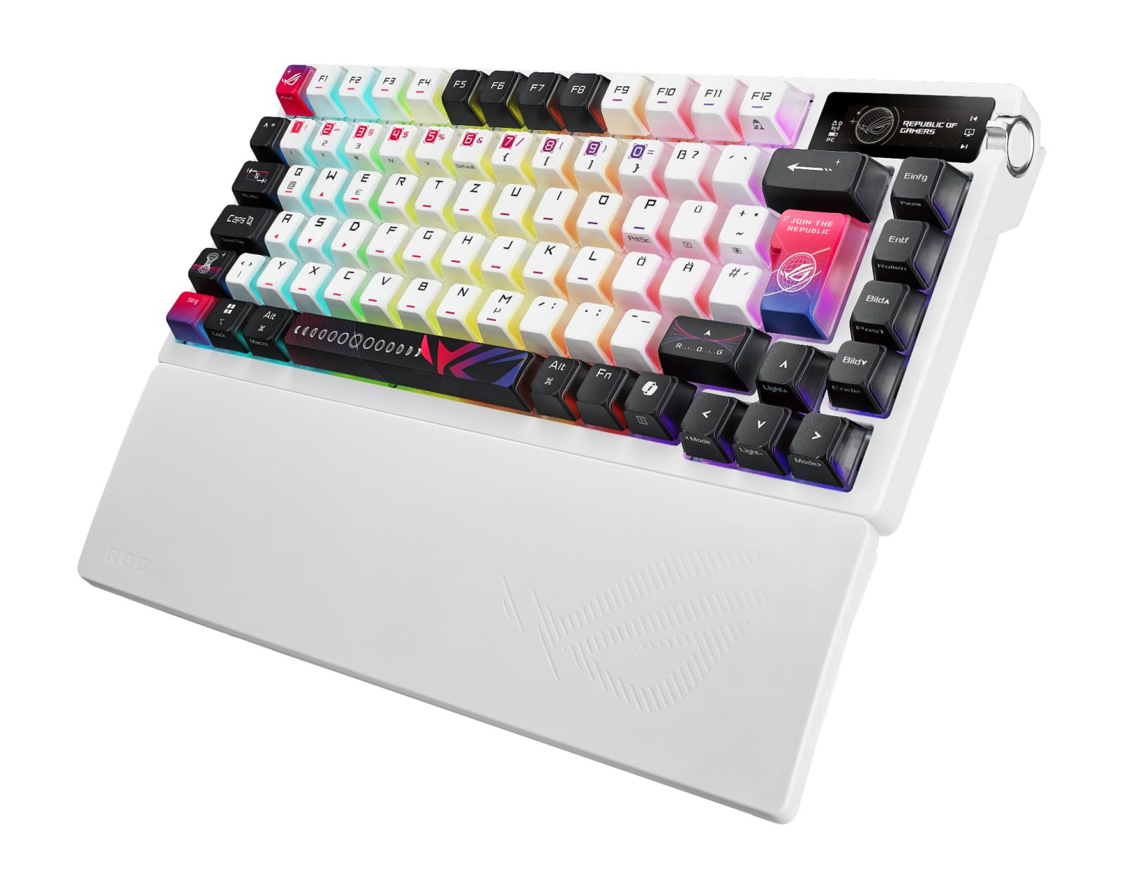 Ein weißes mechanisches Gaming-Keyboard mit RGB-Beleuchtung und Handgelenkauflage.