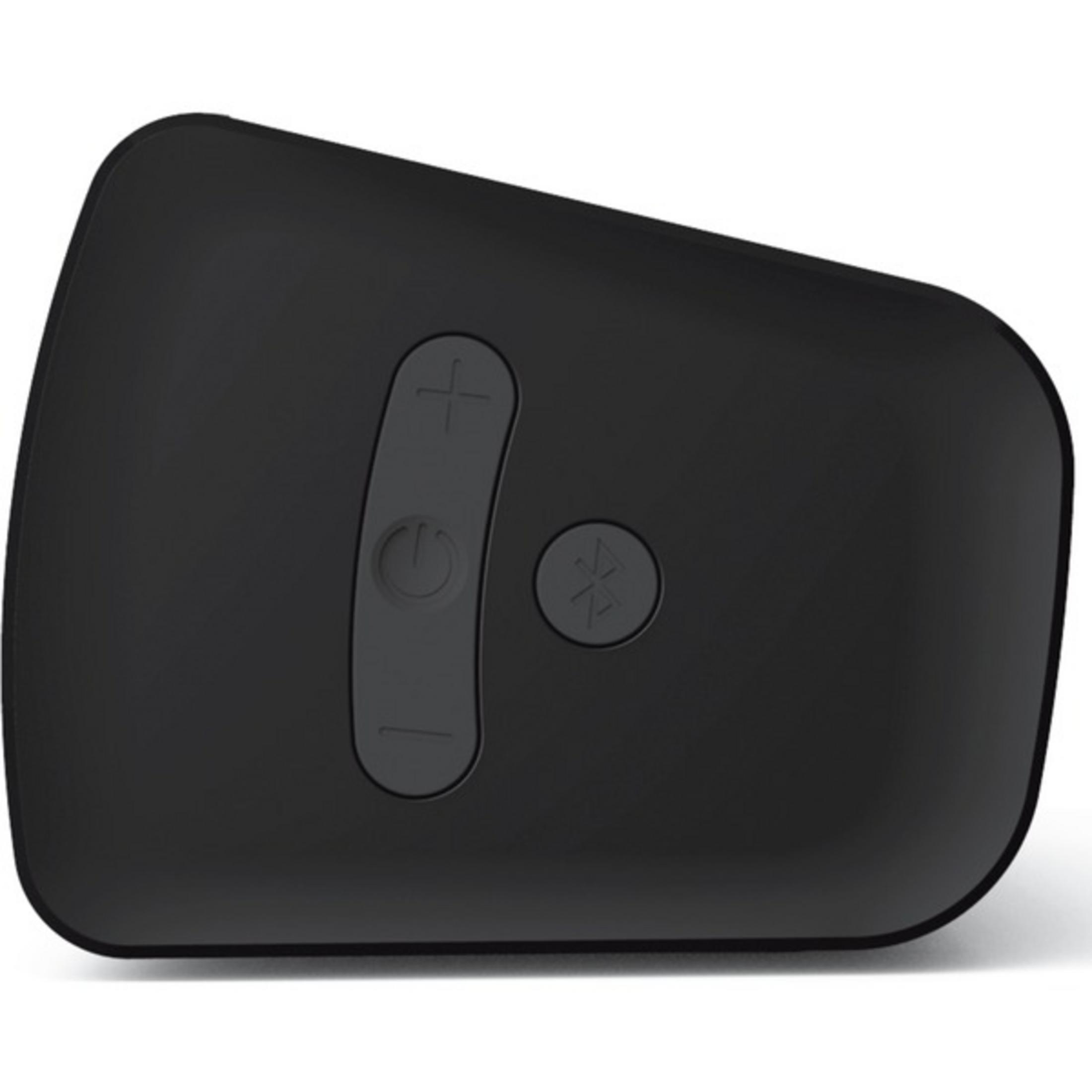Czarny głośnik z przyciskami głośności i symbolem Bluetooth.