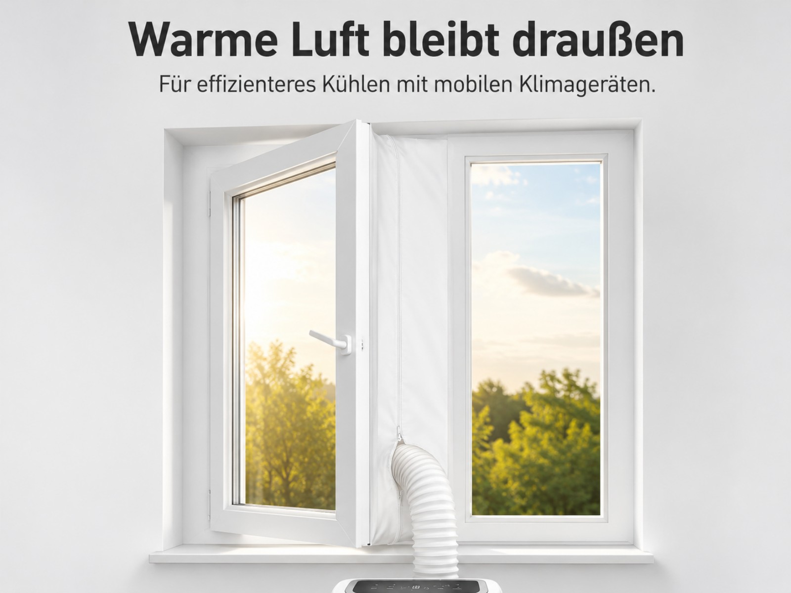 Ein offenes Fenster mit einem Abluftschlauch für ein Klimagerät.