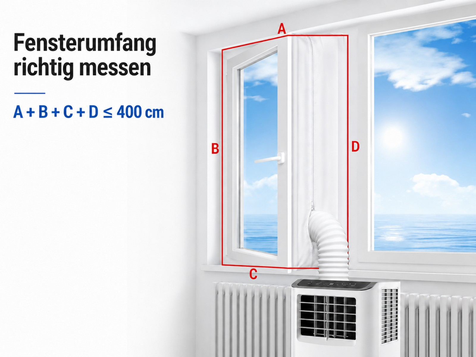 Fensterrahmenmaße A, B, C, D für eine mobile Klimaanlage.