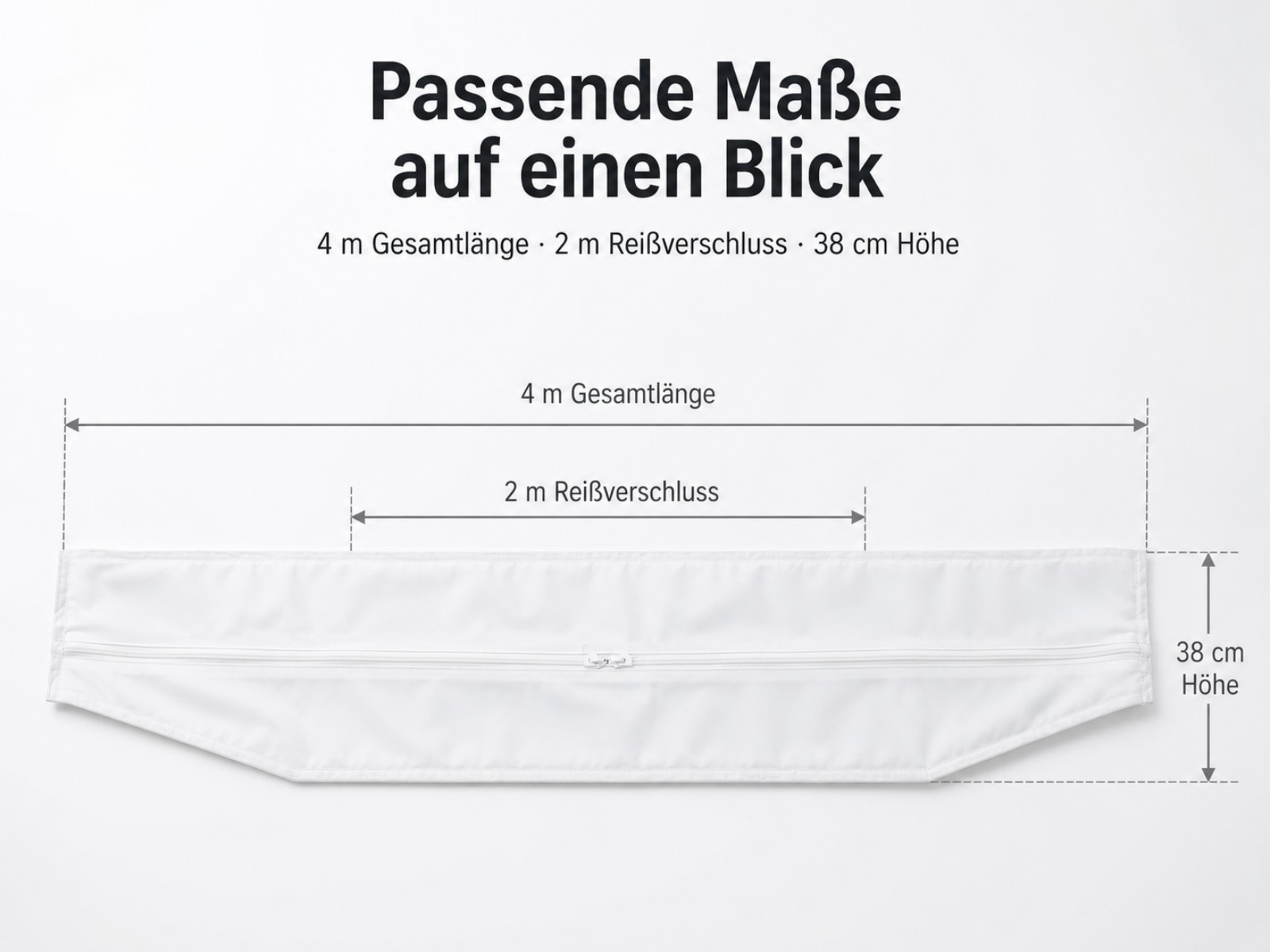 Ein weißes Textil mit Reißverschluss, Maße 4m Länge, 2m Reißverschluss, 38cm Höhe.