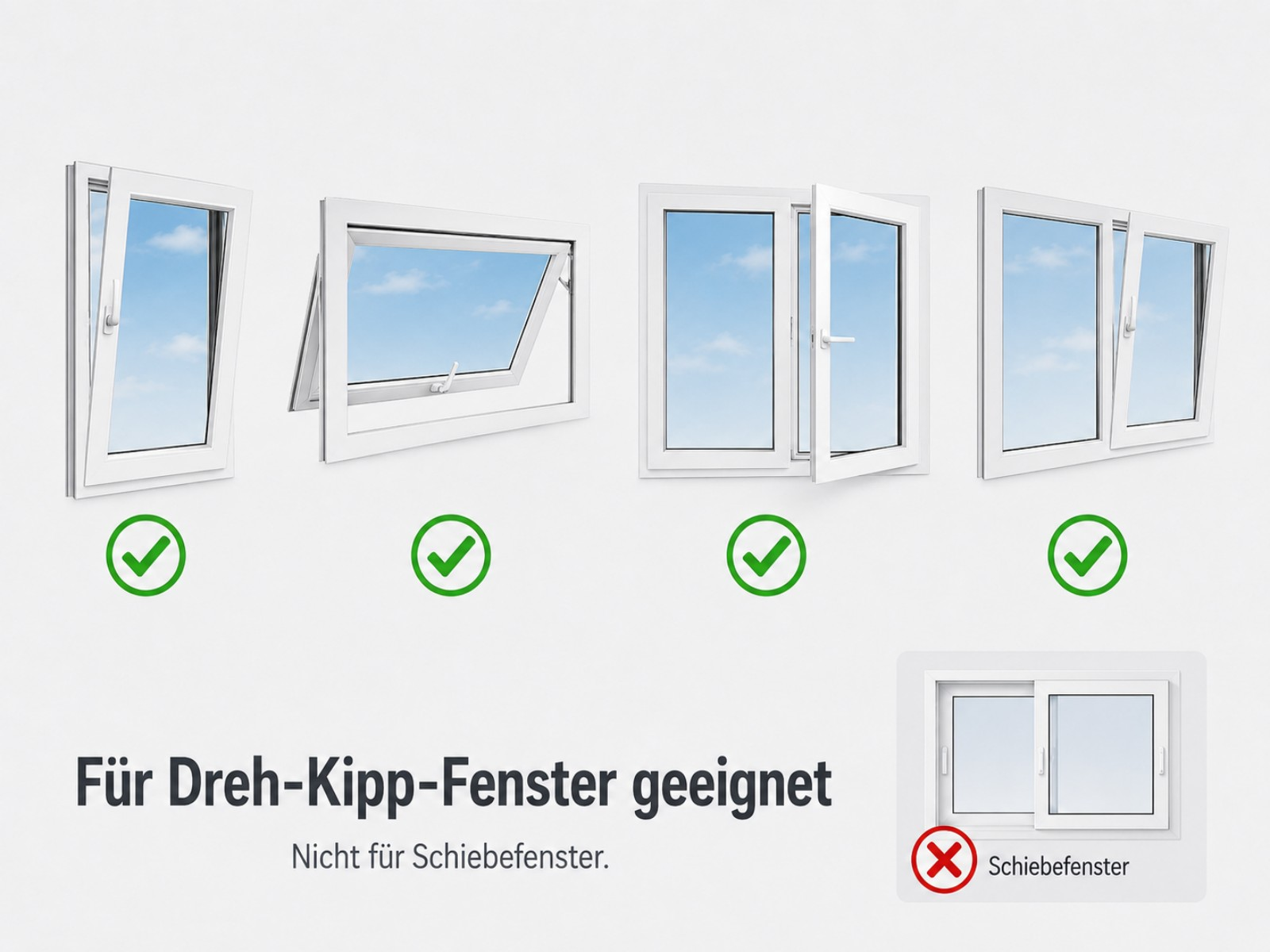 Vier weiße Fenster, drei sind kipp- oder drehbar, eines ist ein Schiebefenster.