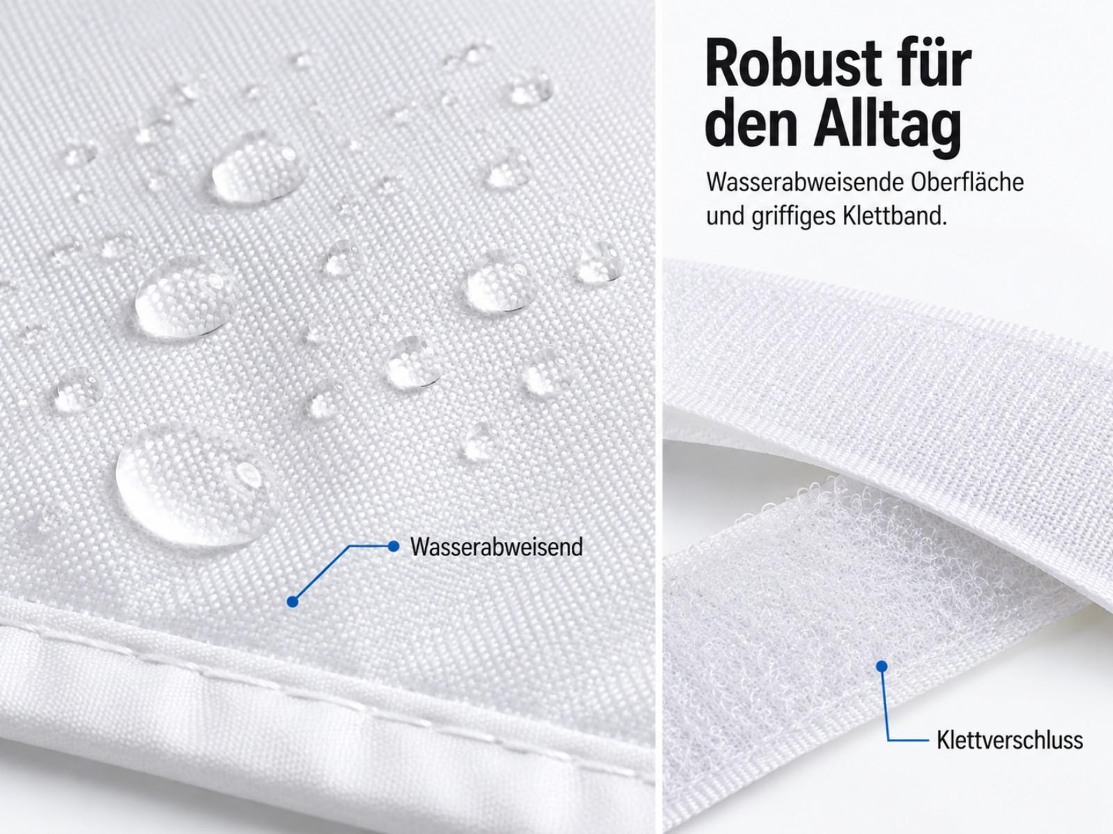 Wasserabweisendes Gewebe mit Tropfen und Klettverschluss.