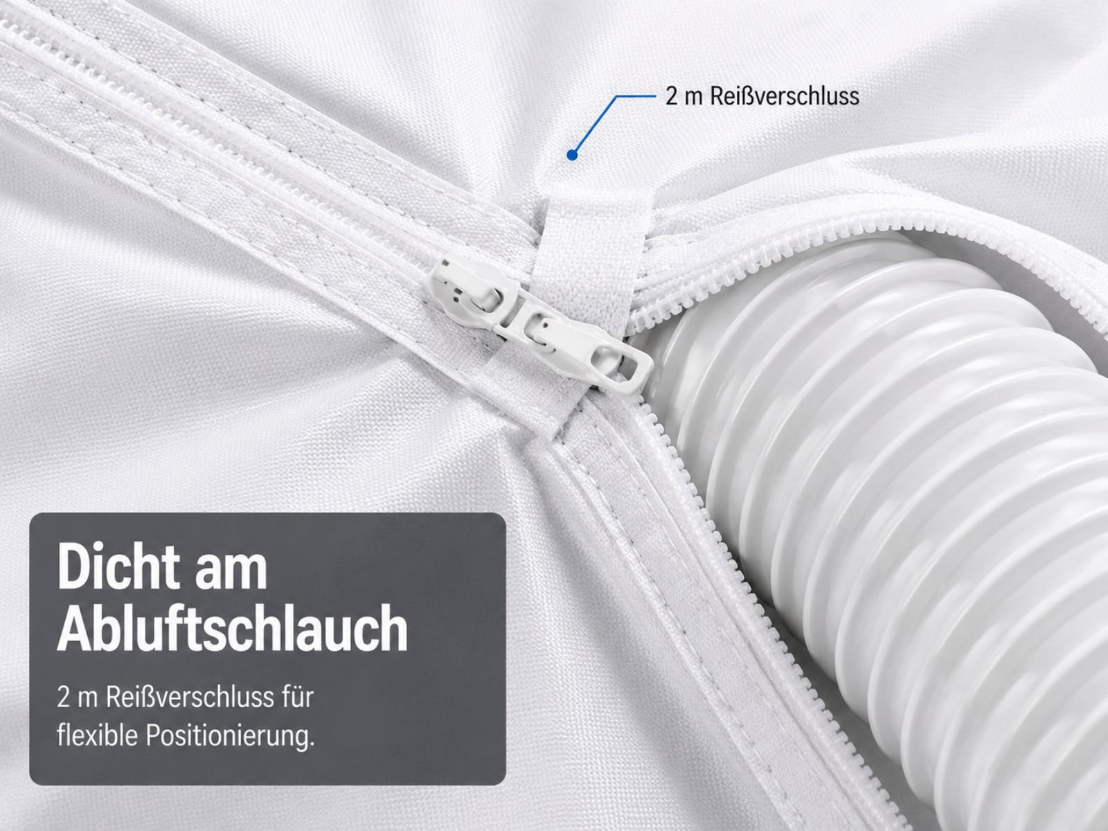 Ein weißer Reißverschluss und ein weißer Abluftschlauch auf weißem Stoff.