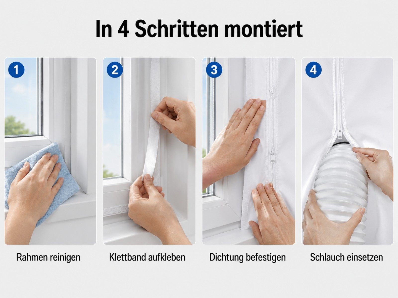 4 Schritte Montage: Rahmen reinigen, Klettband aufkleben, Dichtung befestigen, Schlauch einsetzen.