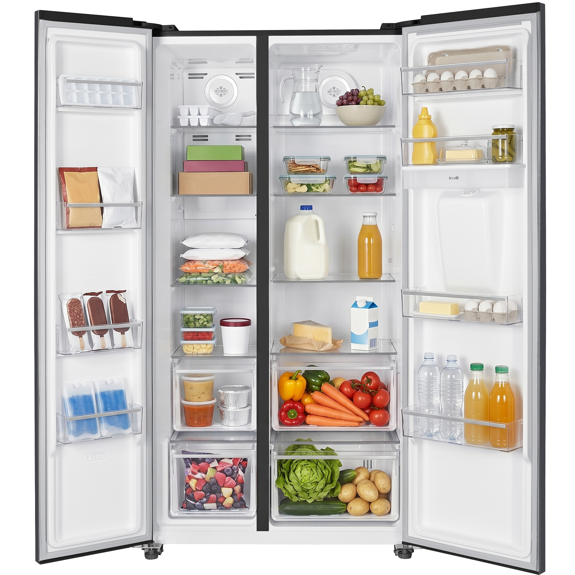 Open koelkast met eten: ijs, ijslolly's, groenten, fruit, dranken, eieren, boter.