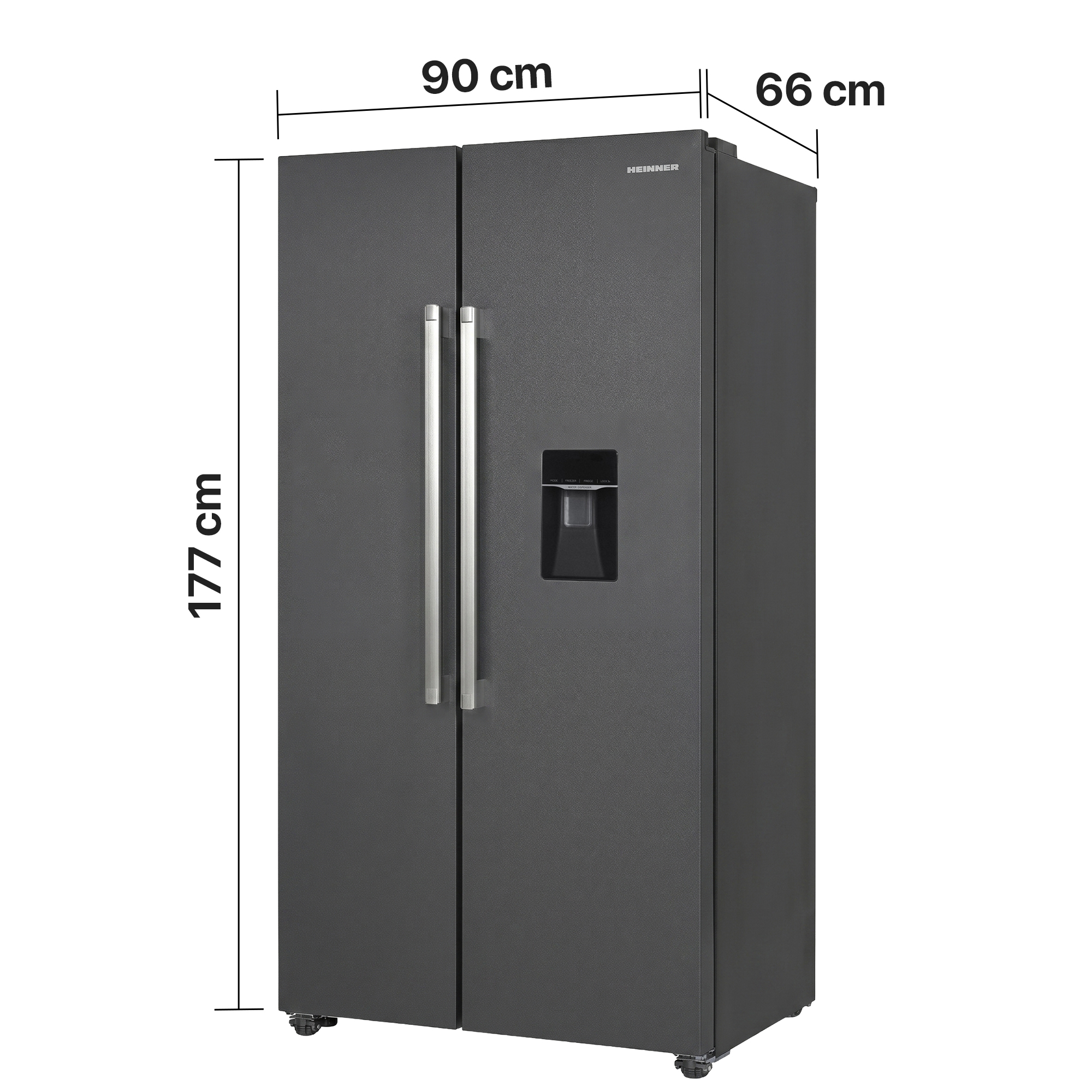 Een donkere koelkast met twee deuren, waterdispenser en afmetingen.