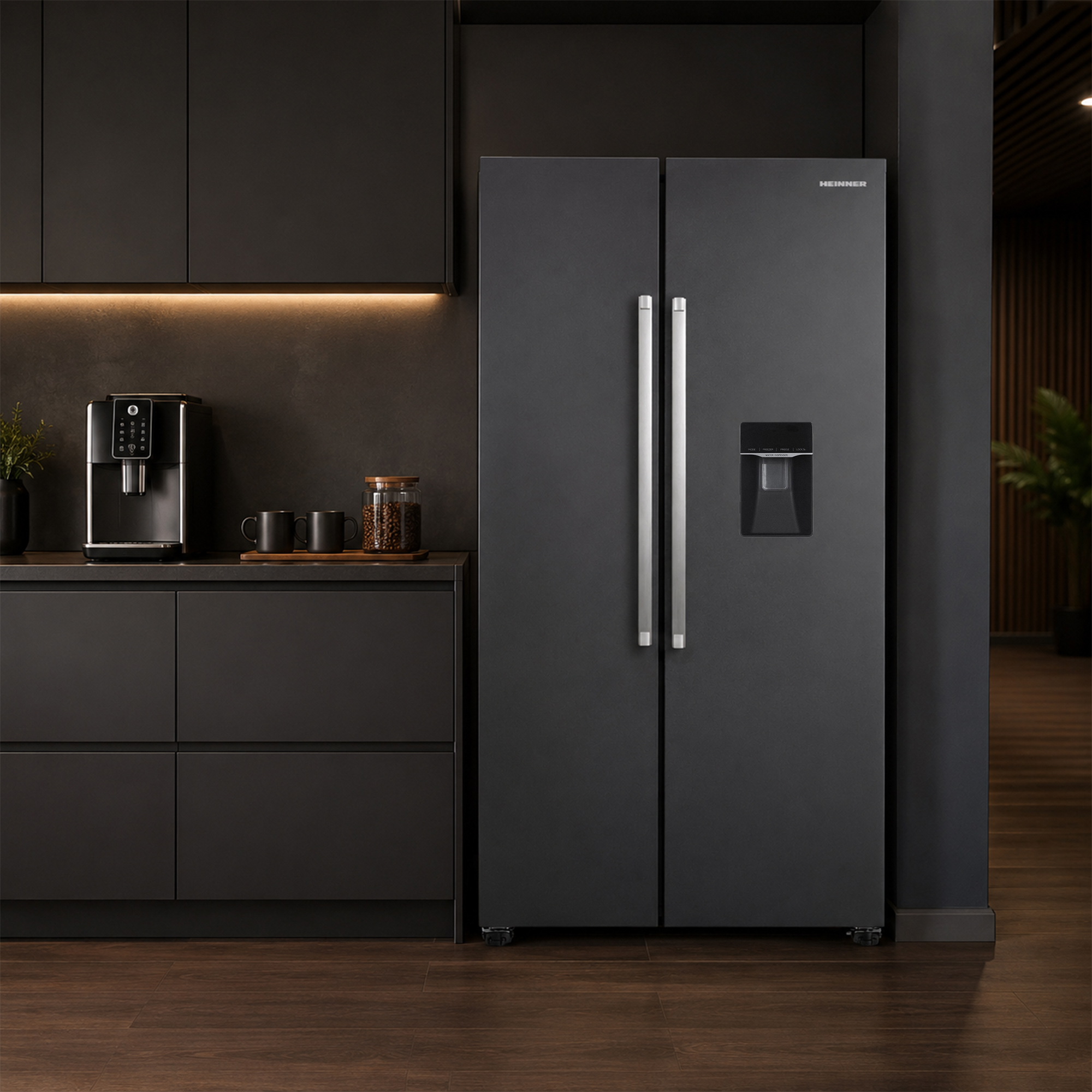Zwarte side-by-side koelkast met zilveren handgrepen en waterdispenser.