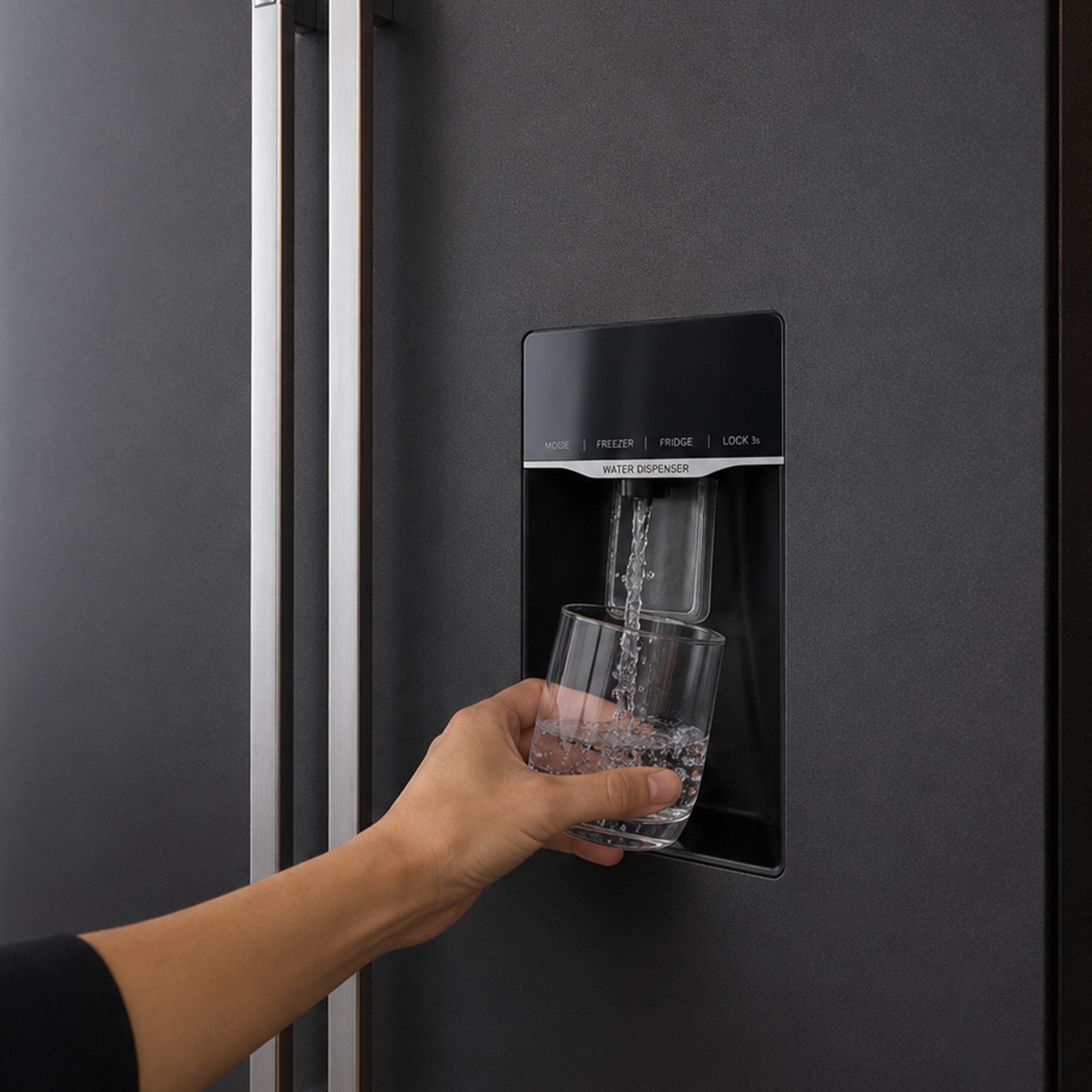 Een hand houdt een glas vast terwijl water uit een waterdispenser van de koelkast stroomt.