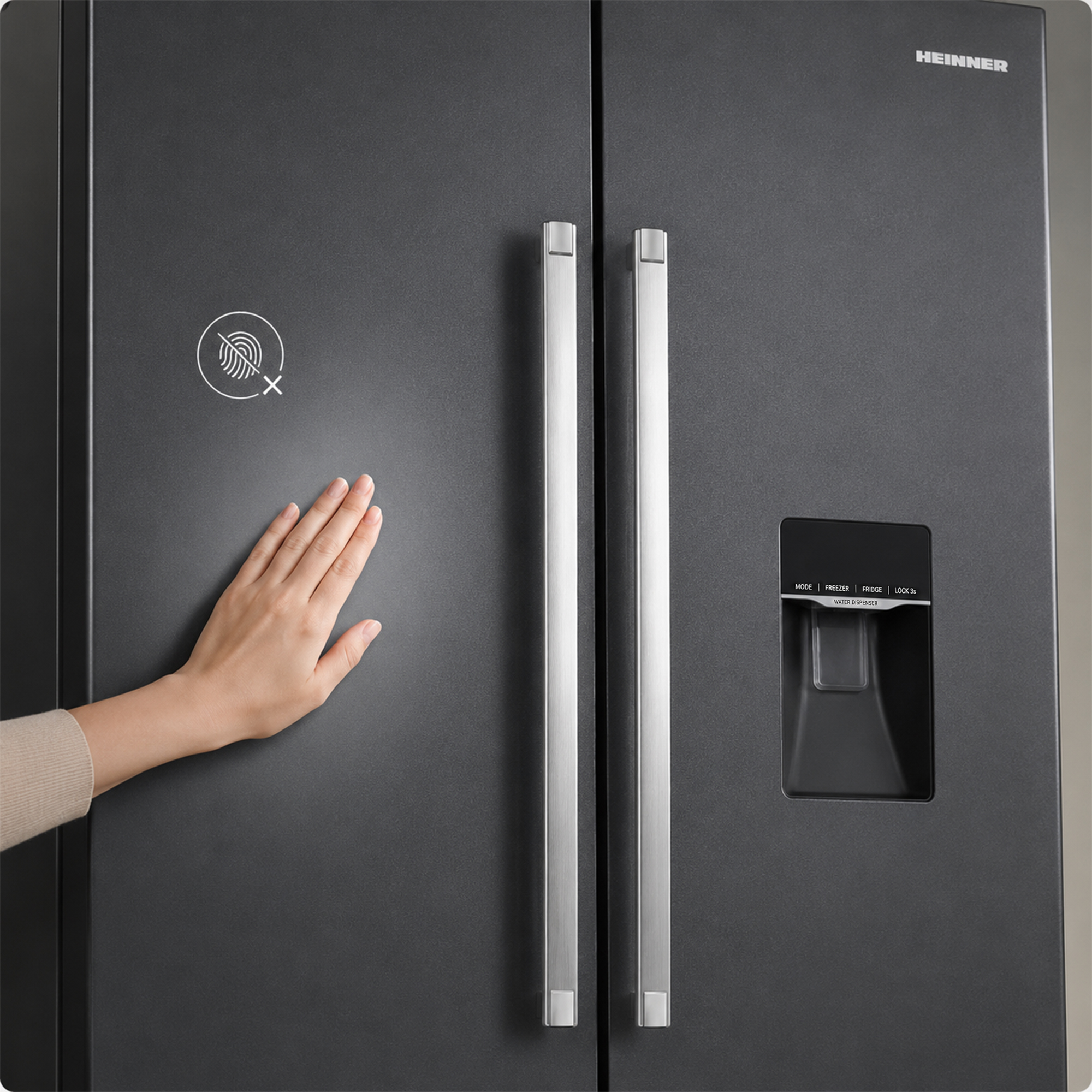 Een hand raakt een donkere koelkastdeur aan met waterdispenser en zilveren handgrepen.