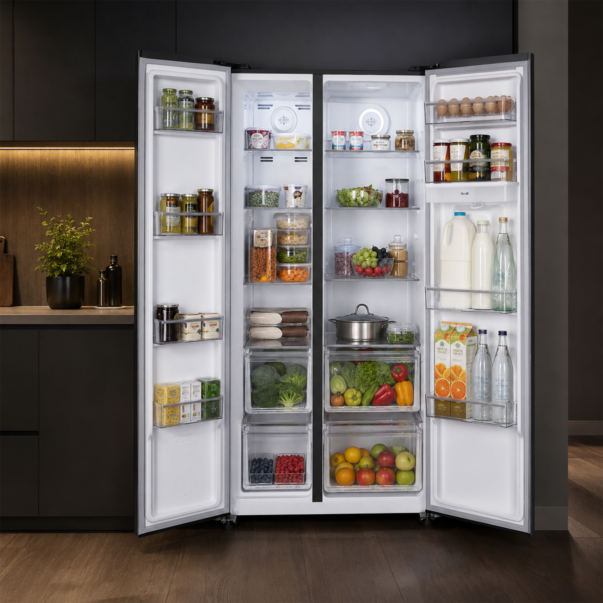 Open koelkast gevuld met fruit, groenten, eieren, dranken en potten.