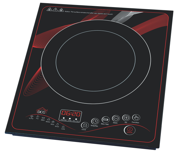Fornello a induzione nero con design a vortice rosso. Display digitale mostra 06:20. Pulsanti di controllo sotto.