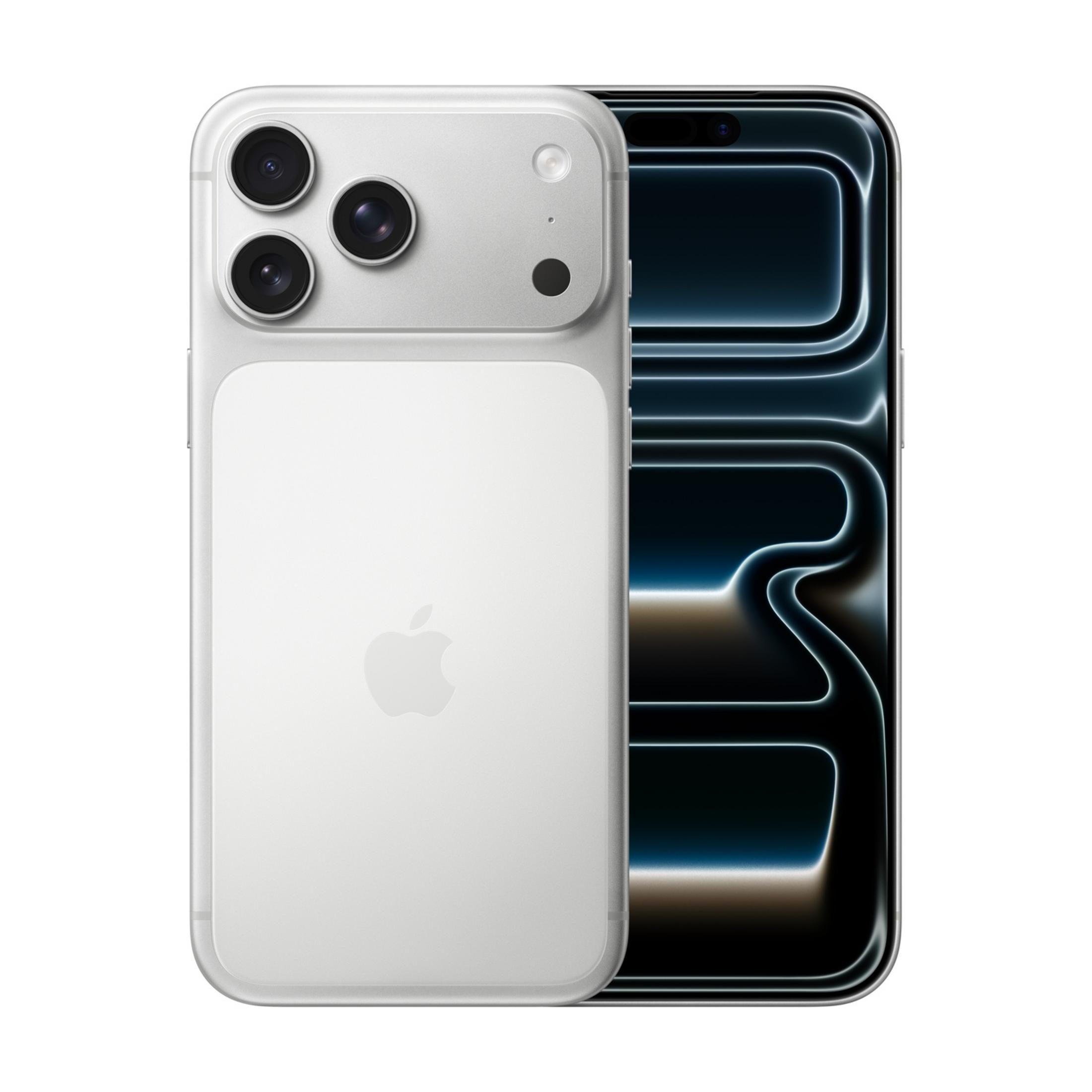 Un iPhone argento con tre obiettivi posteriori e schermo scuro.