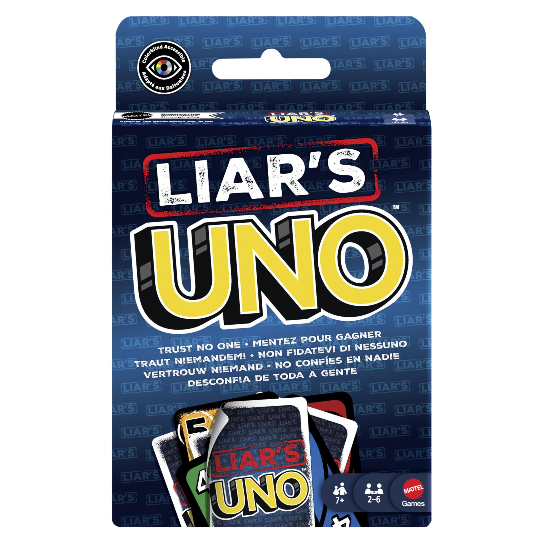 Scatola del gioco di carte "Liar's Uno" Mattel, con giocatori, età e lingue.