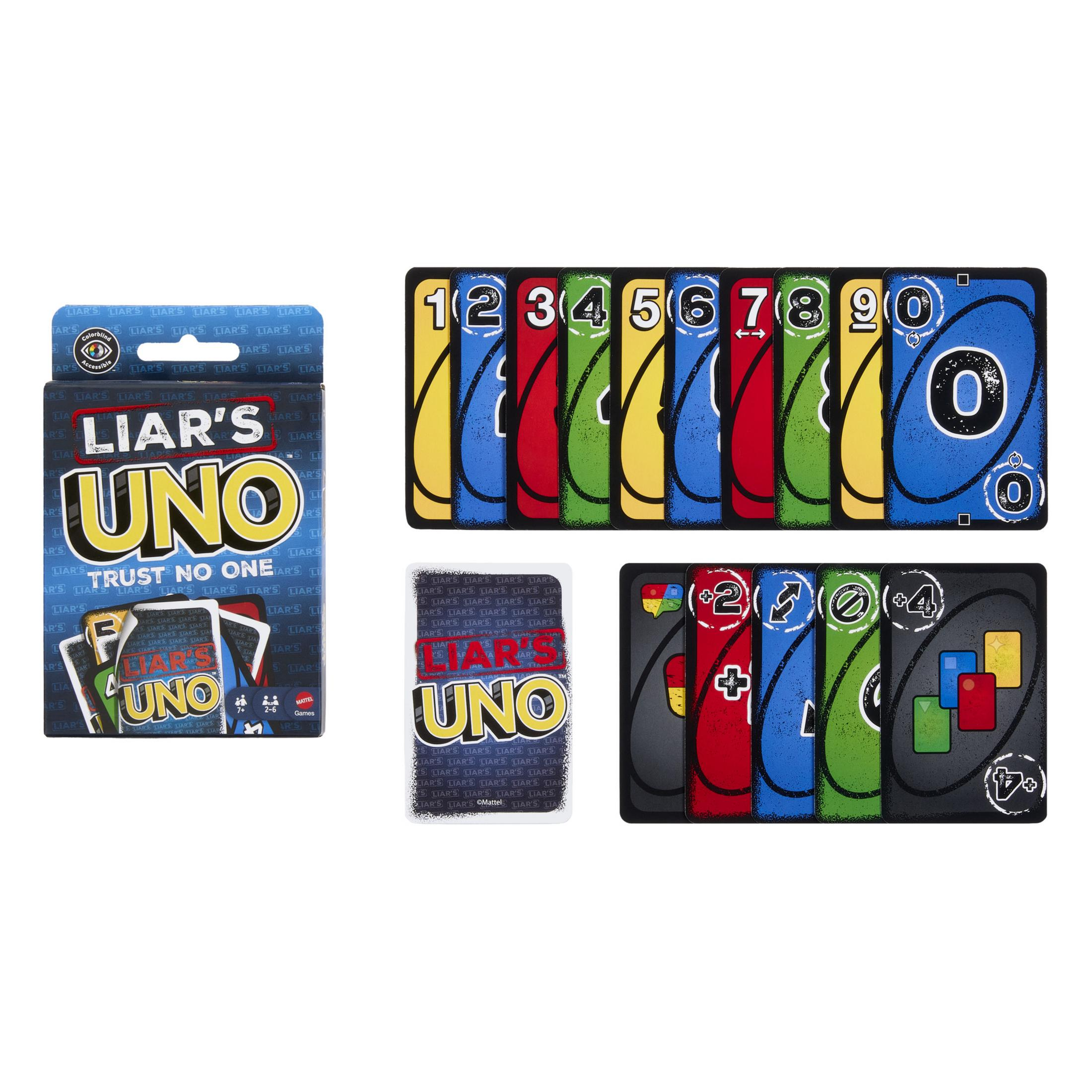 Confezione e carte del gioco di carte UNO Liar's con numeri 1-0 e simboli.