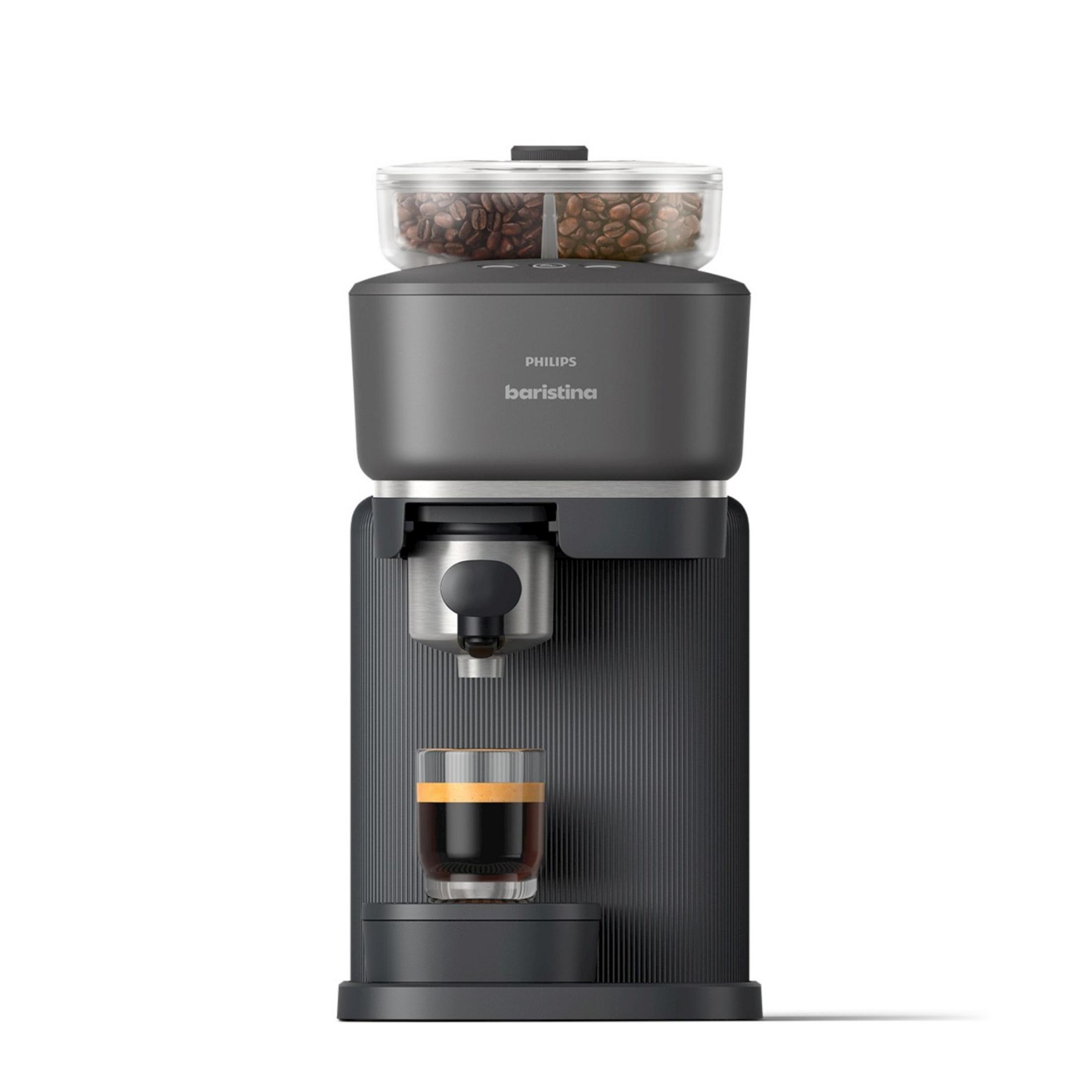 Eine Philips Barista Kaffeemaschine mit Kaffeebohnenbehälter und einem Glas Espresso.