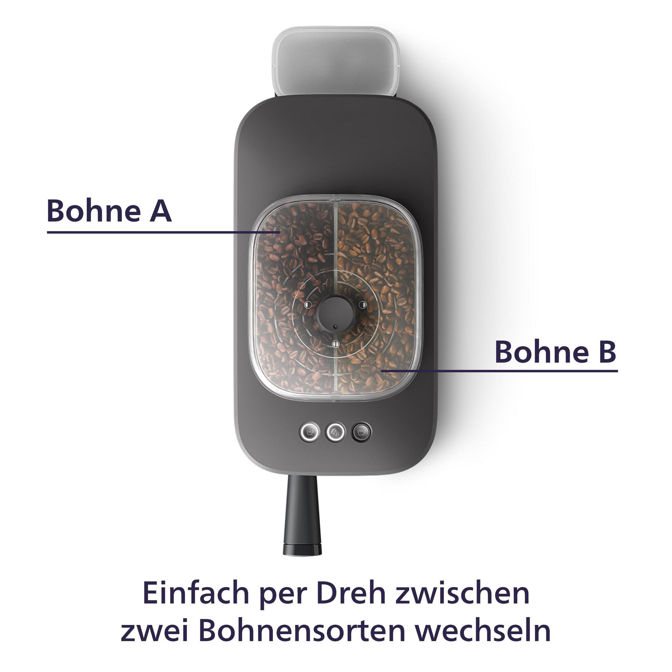 Dunkelgrauer Bohnenbehälter mit zwei Fächern für Kaffeebohnen.