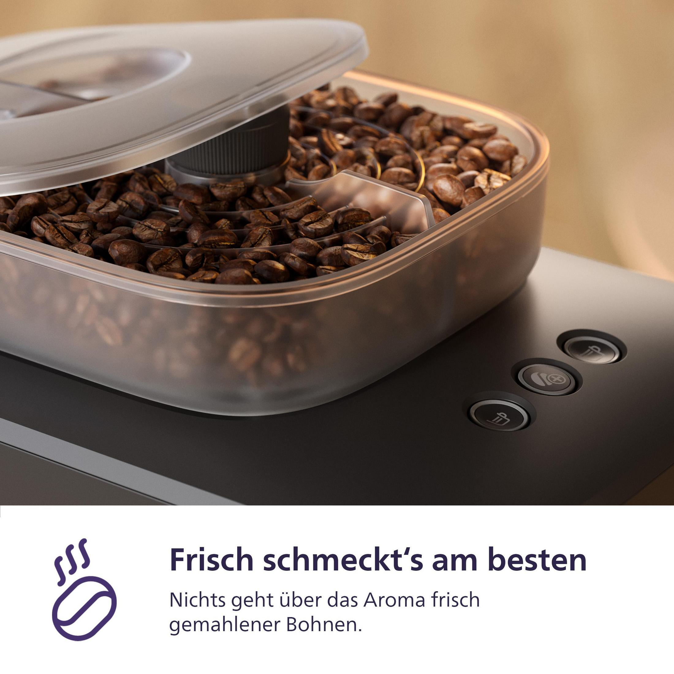 Kaffeebohnen in einem Behälter mit Deckel, daneben Bedienelemente.