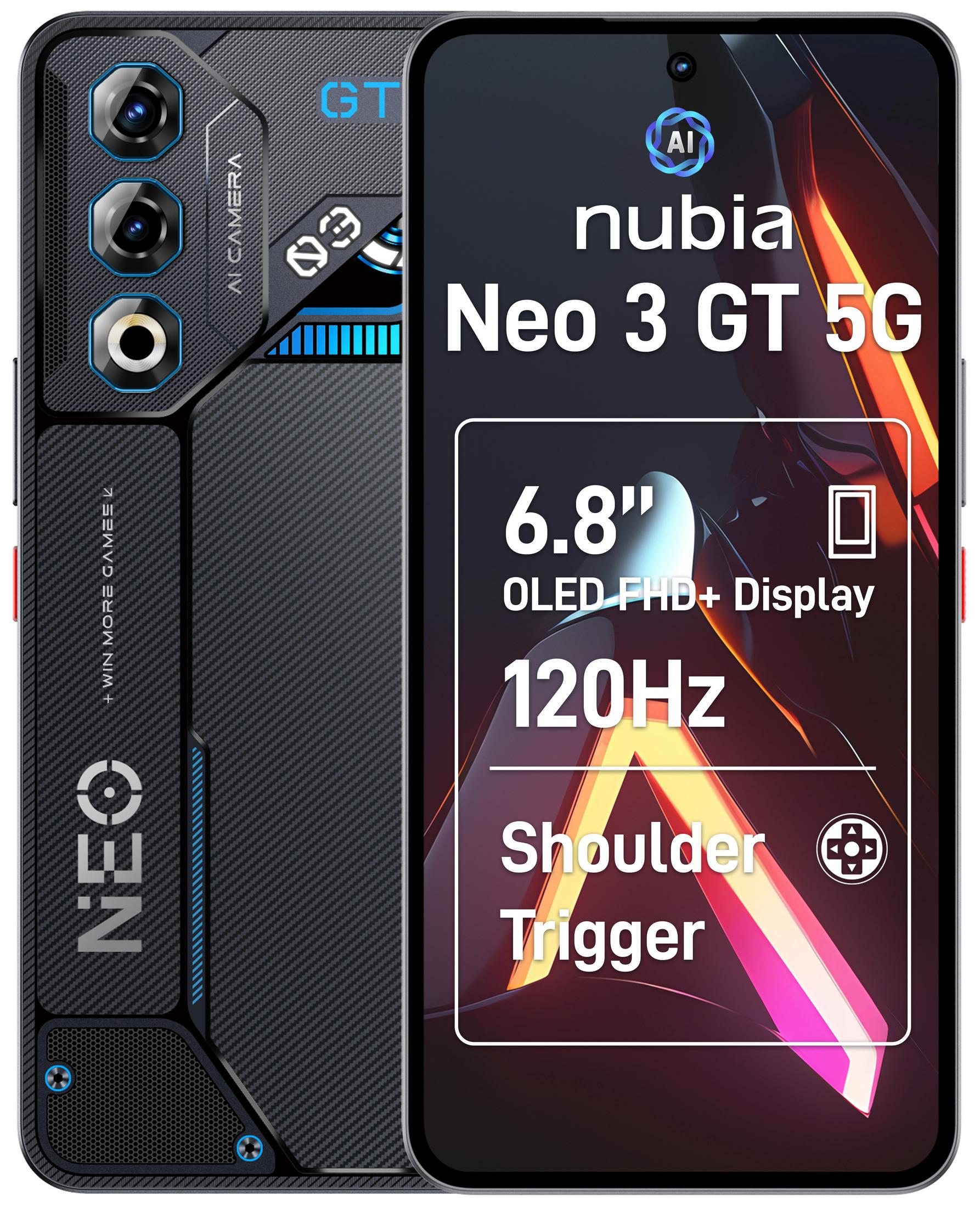 Un smartphone negro Nubia Neo 3 GT 5G con triple cámara y logo "GT".