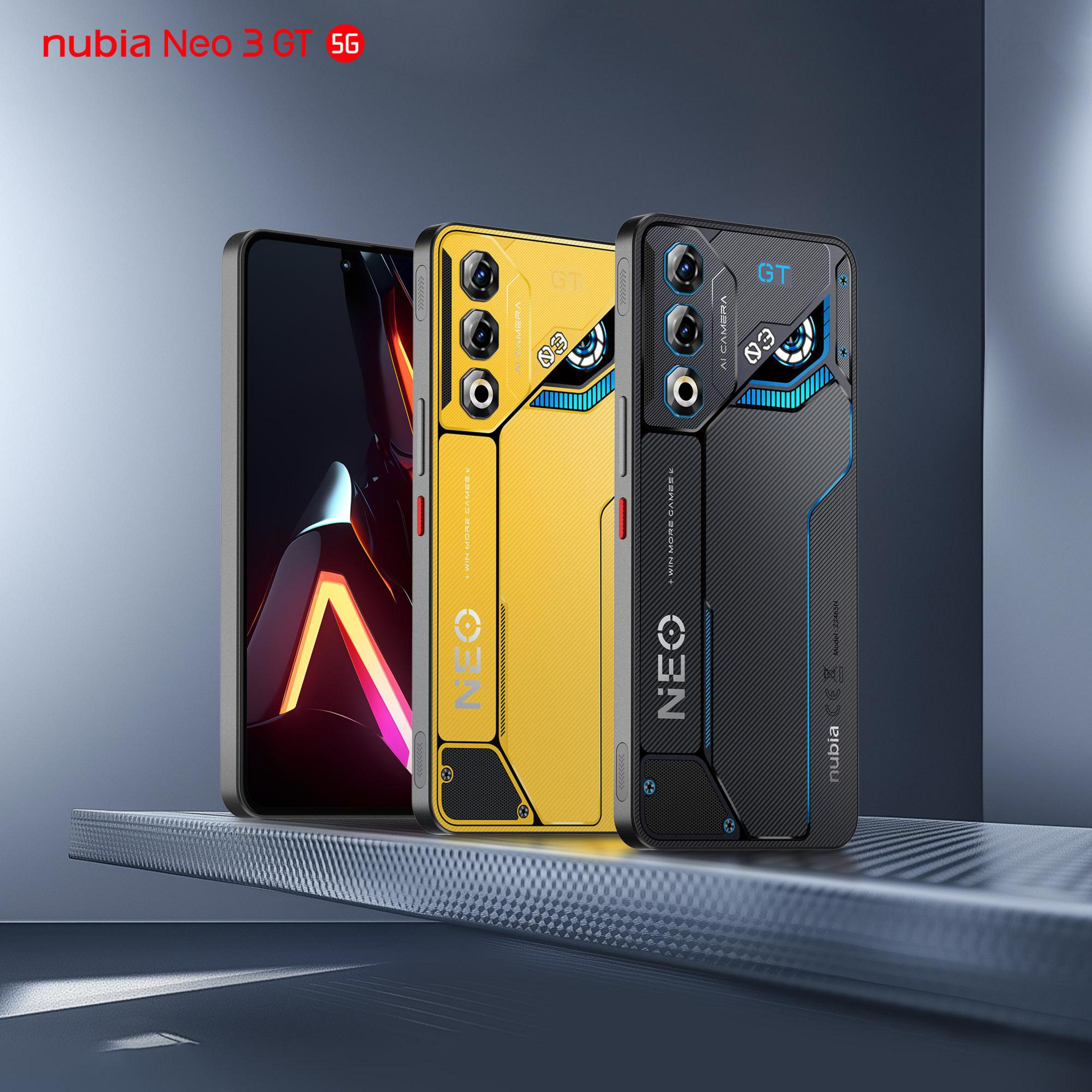 Tres teléfonos Nubia Neo 3 GT 5G en negro, amarillo y gris sobre una superficie texturizada.