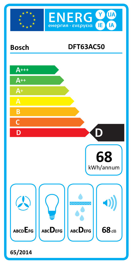Bosch-Energielabel: DFT63AC50, Klasse D, 68 kWh/Jahr. Symbole: Lüfter, Glühbirne, Tropfen, Schall.