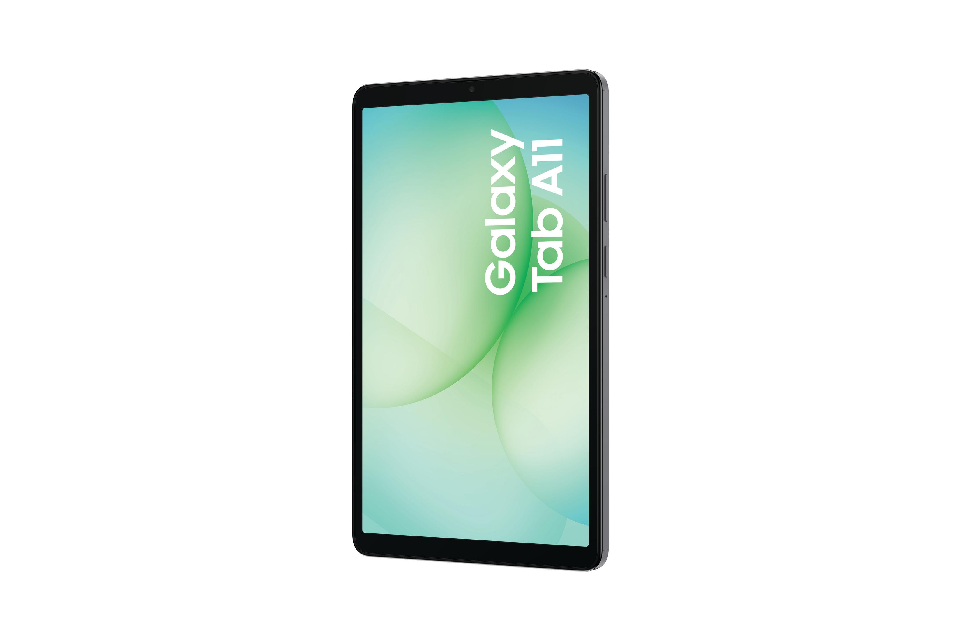 Een donkere Samsung Galaxy Tab A11 tablet met groene achtergrond.