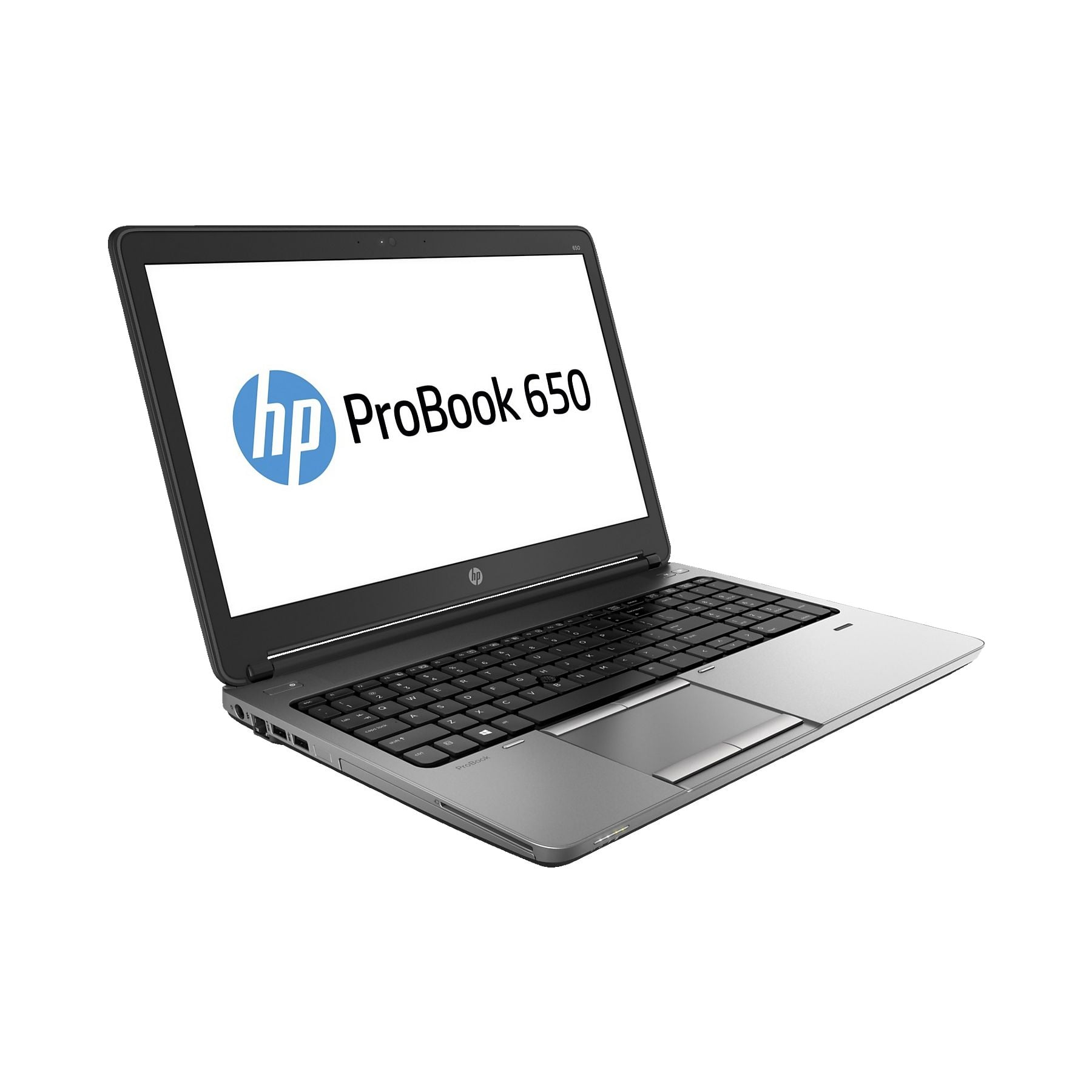 Ein offener silberner HP ProBook 650 Laptop mit schwarzer Tastatur auf weißem Hintergrund.