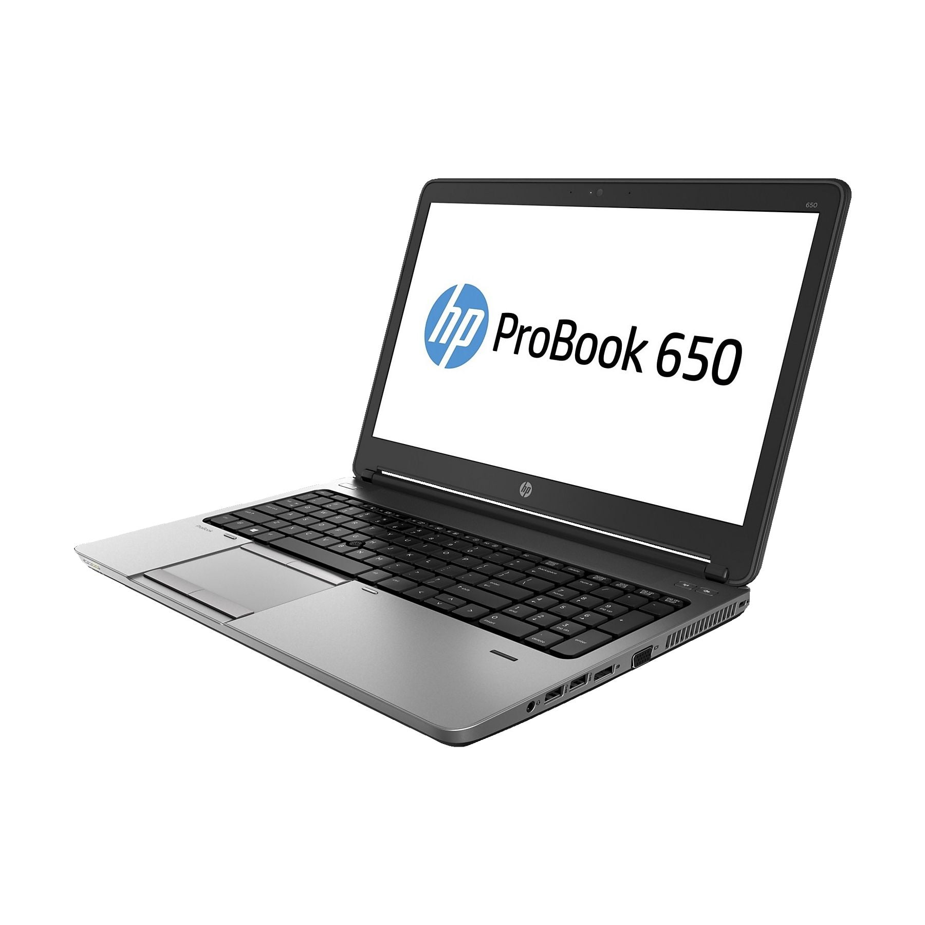 Ein silberner HP ProBook 650 Laptop mit blauem HP Logo auf dem Bildschirm.