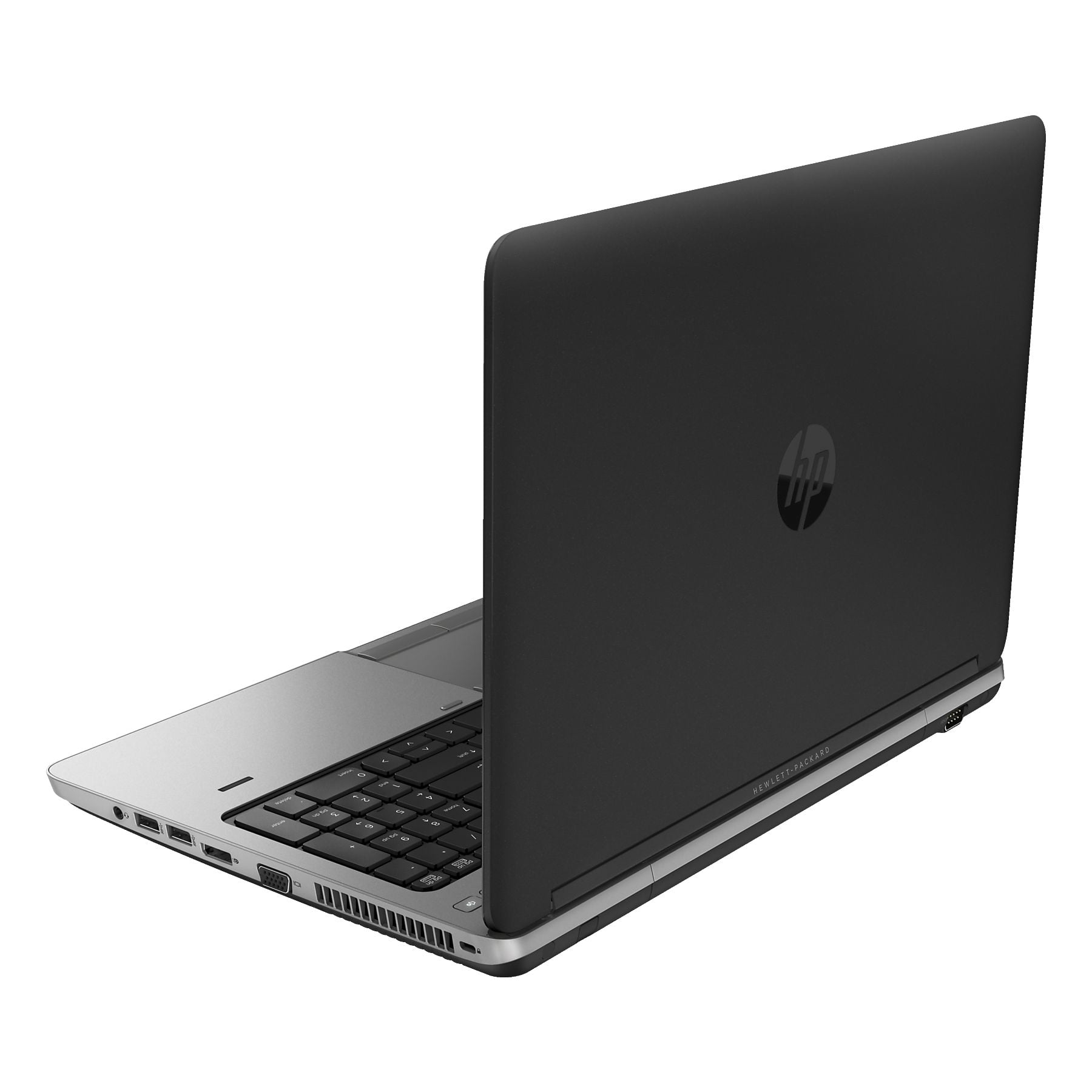 Ein offener schwarzer und silberner HP Laptop mit Tastatur und Anschlüssen.