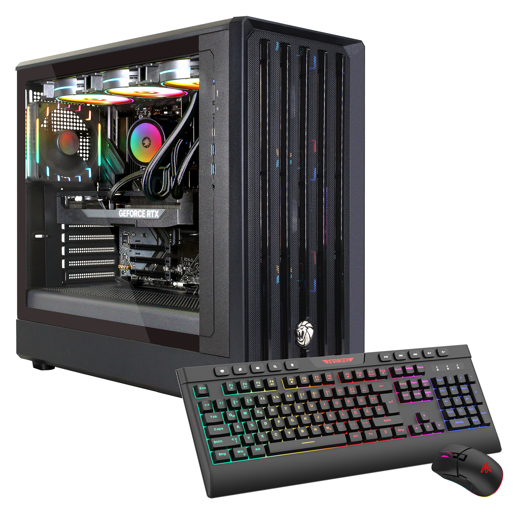 Ein beleuchteter PC mit Tastatur und Maus vor weißem Hintergrund.