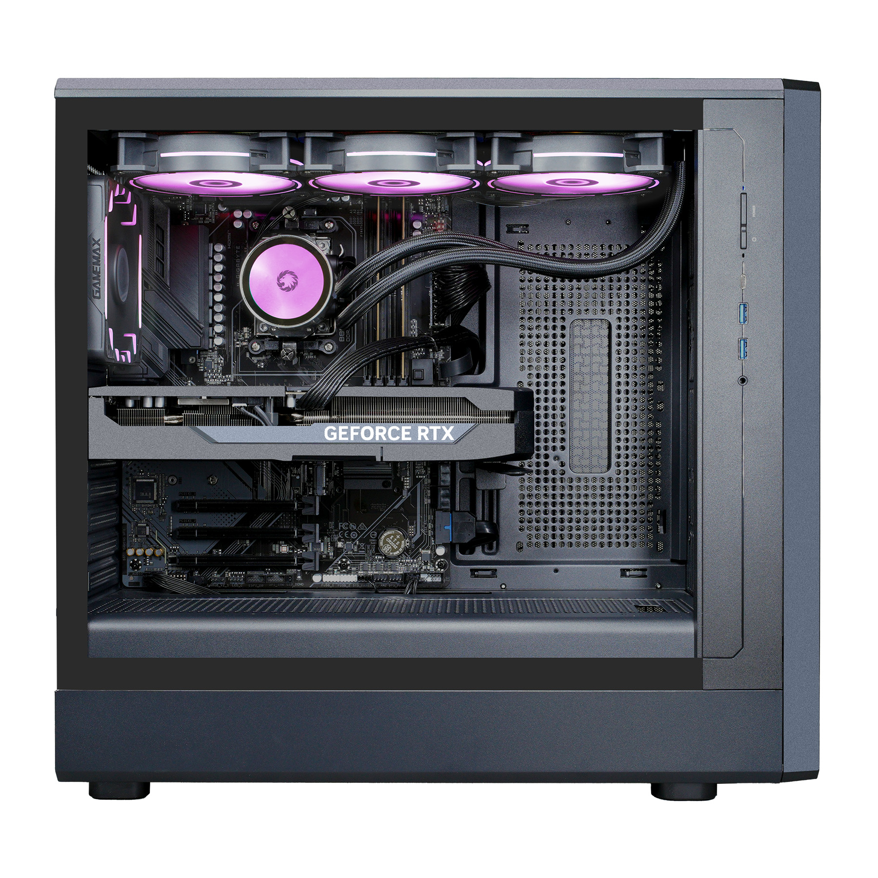 Offener PC-Gehäuse mit internen Komponenten, beleuchtet von lila LEDs.