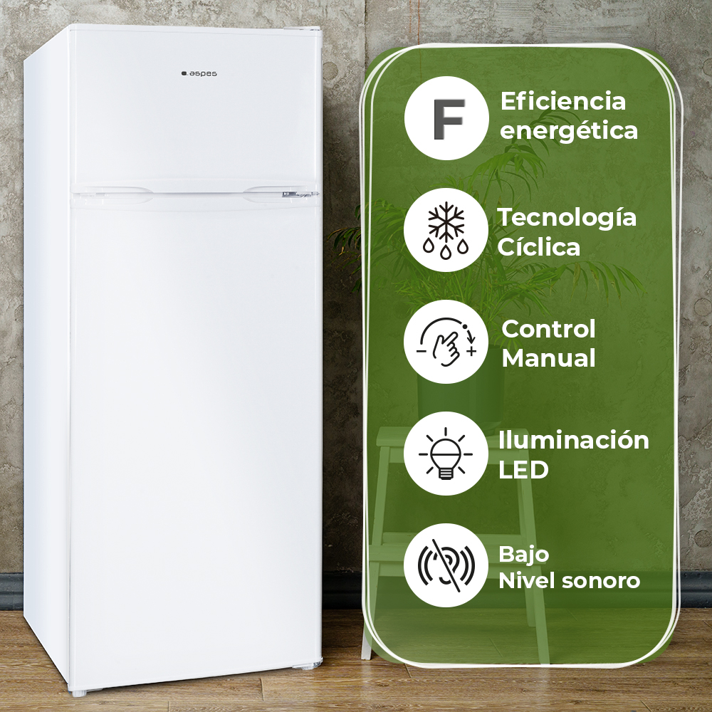 Un refrigerador blanco con infografía a la derecha. Características: Eficiencia F, tecnología cíclica, control manual, iluminación LED, bajo nivel sonoro.
