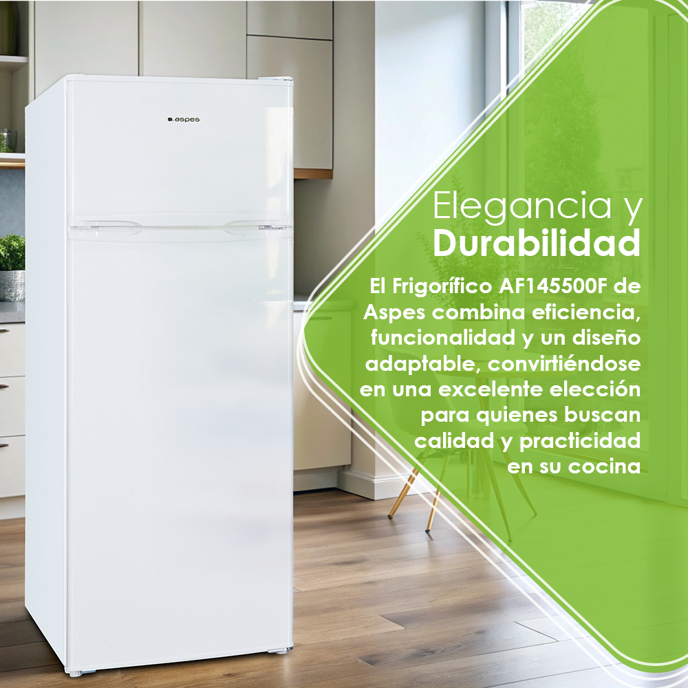 Refrigerador blanco Aspes en una cocina moderna. Superposicin de texto destaca elegancia y durabilidad.