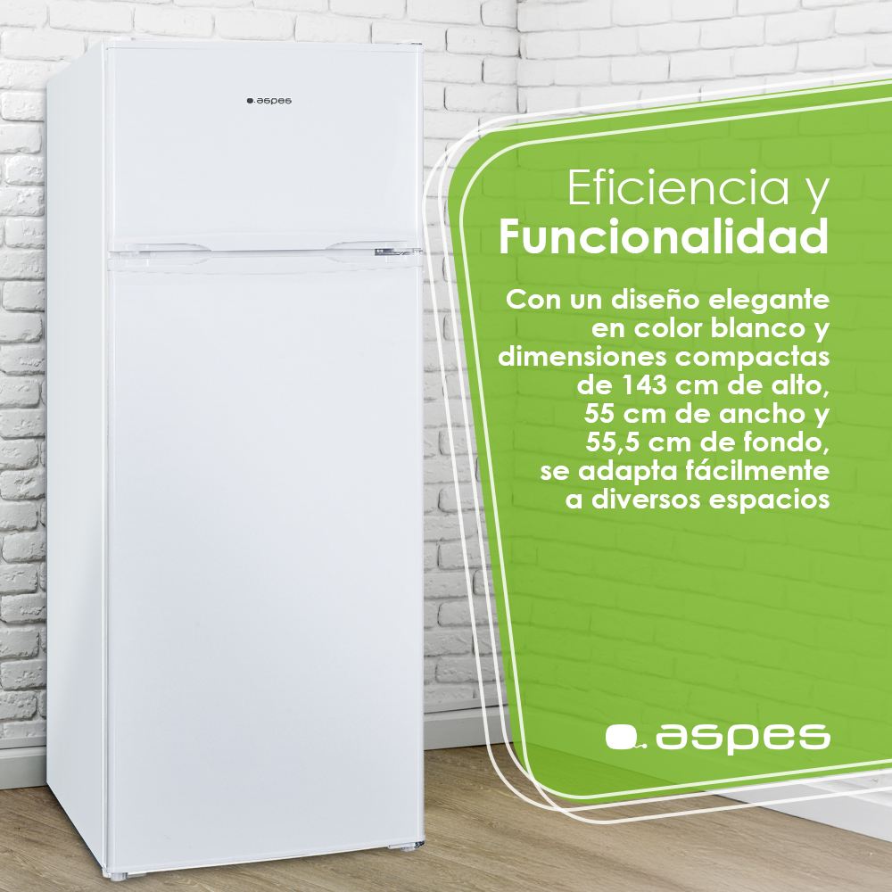 Un refrigerador blanco de dos puertas contra una pared de ladrillos. Un cuadro de texto verde está al lado.