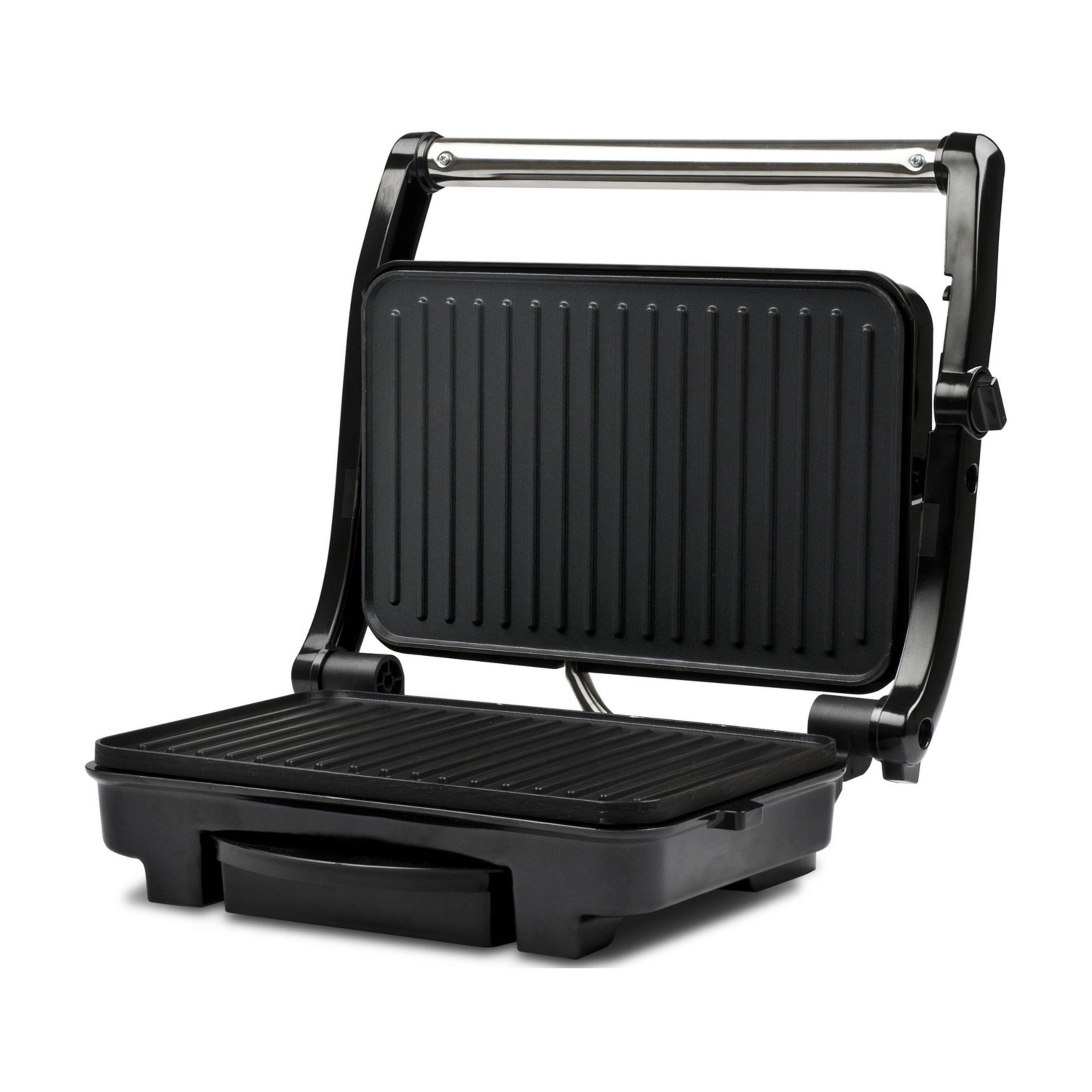 Ein offener, schwarzer Kontaktgrill mit gerippten Platten und einem Metallgriff.