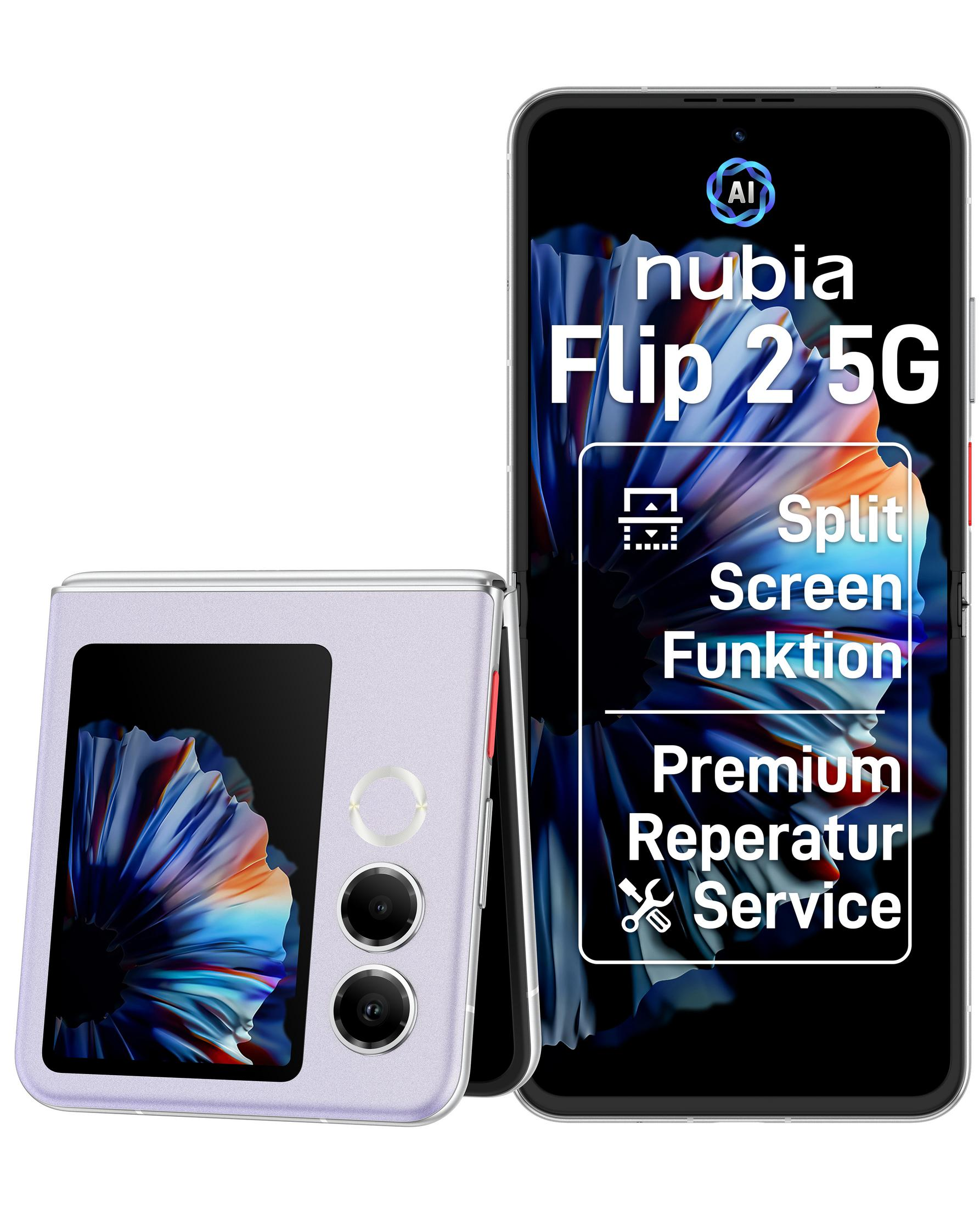 Un telefono pieghevole lavanda accanto a un Nubia Flip 2 5G aperto.