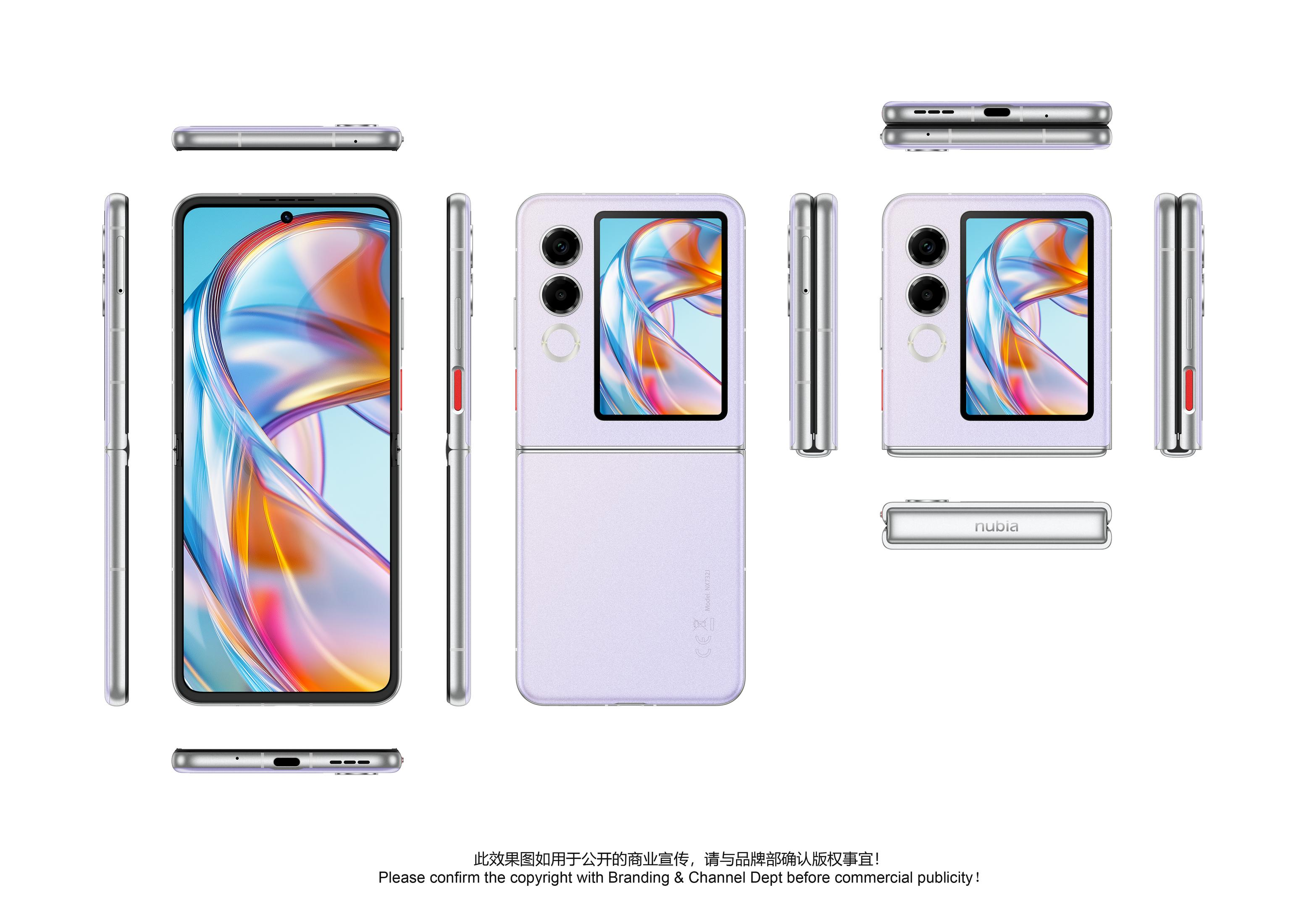 Diverse viste di uno smartphone pieghevole viola con doppia fotocamera e schermo esterno.