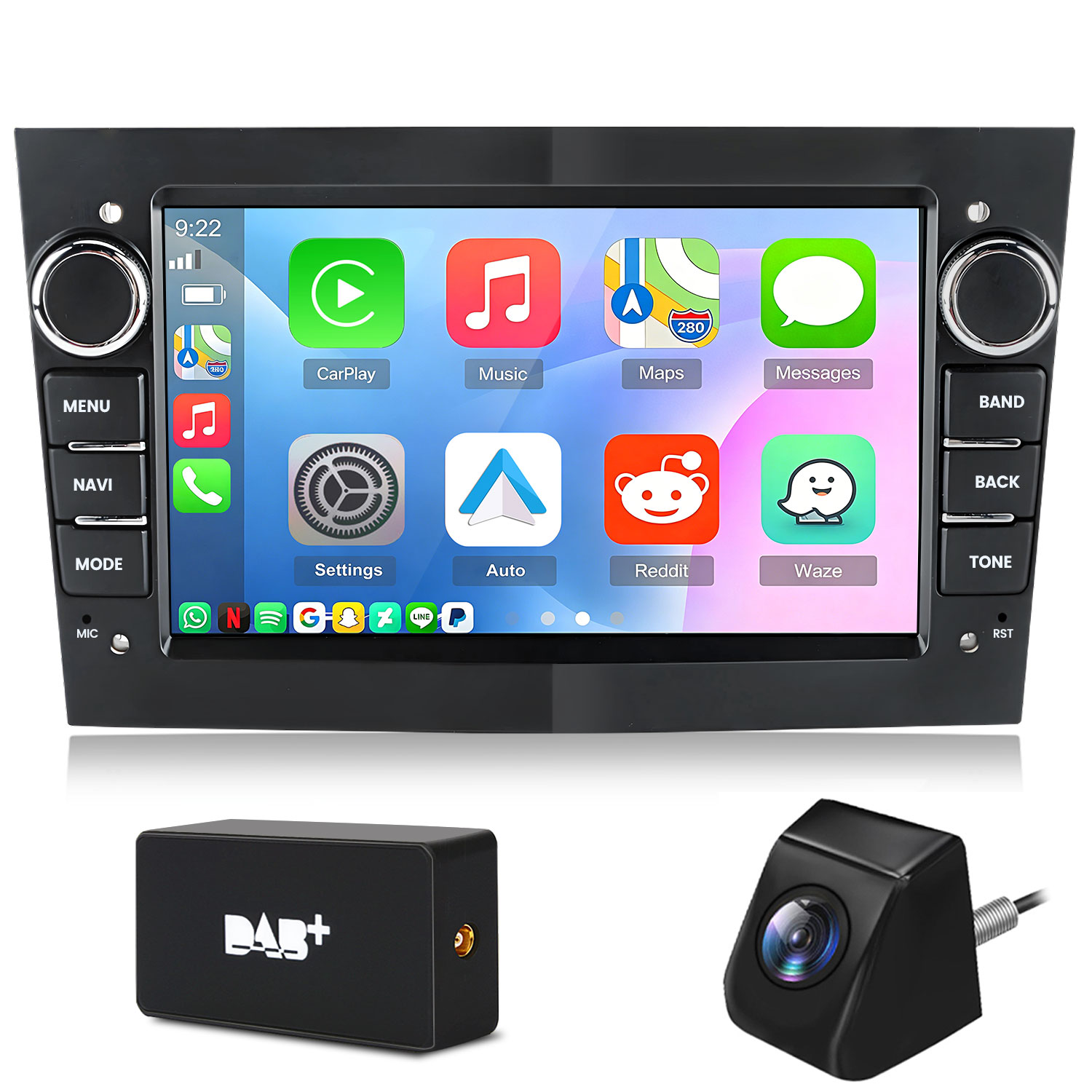 Autoradio mit Touchscreen, DAB+-Box und Rückfahrkamera.