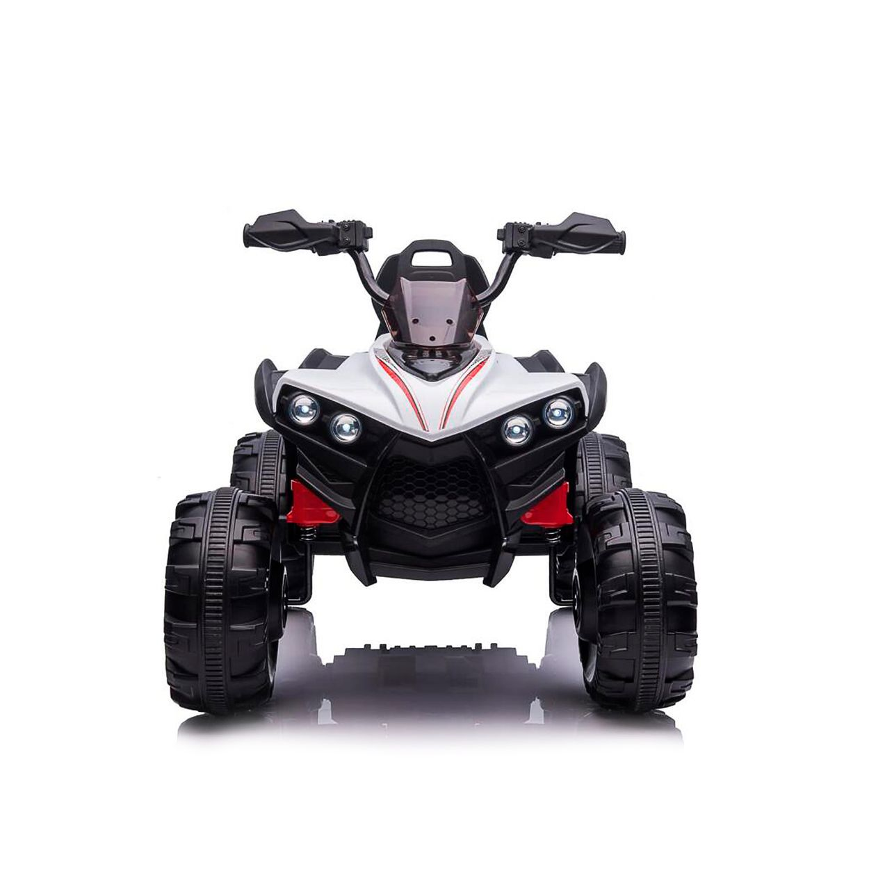 Ein weißer und schwarzer Elektro-Quad mit roten Akzenten und großen Reifen.