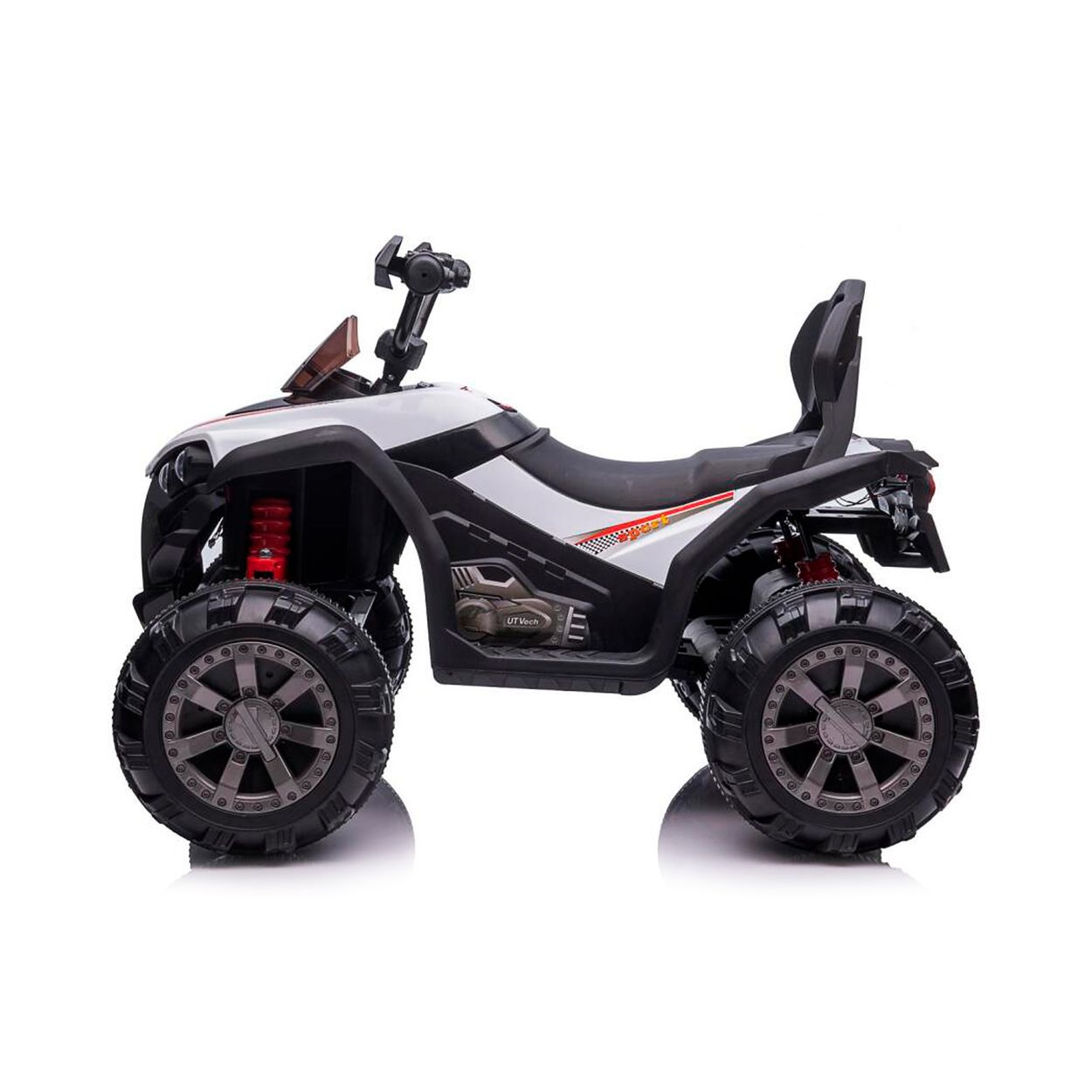 Ein weißes und schwarzes Kinder-Quad mit großen Reifen und roten Stoßdämpfern.