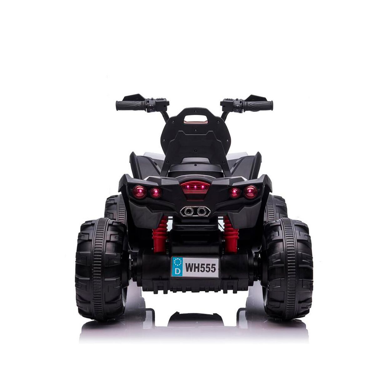Schwarzer Spielzeug-Quad mit roten Stoßdämpfern und Nummernschild.